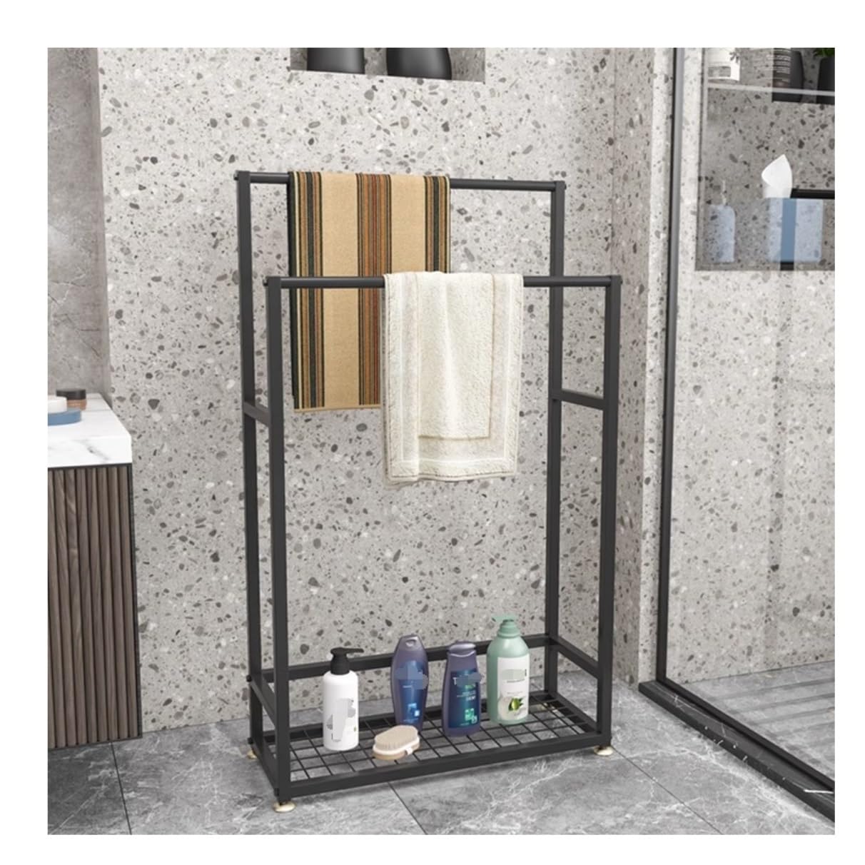Porta Asciugamani da Terra， Portasciugamani Autoportante In Ferro Portasciugamani A 2 Livelli Con Ripiano Portasciugamani Nordico Per Soggiorno Camera Da Letto Portasciugamani(Black,60 * 23 * 100cm)