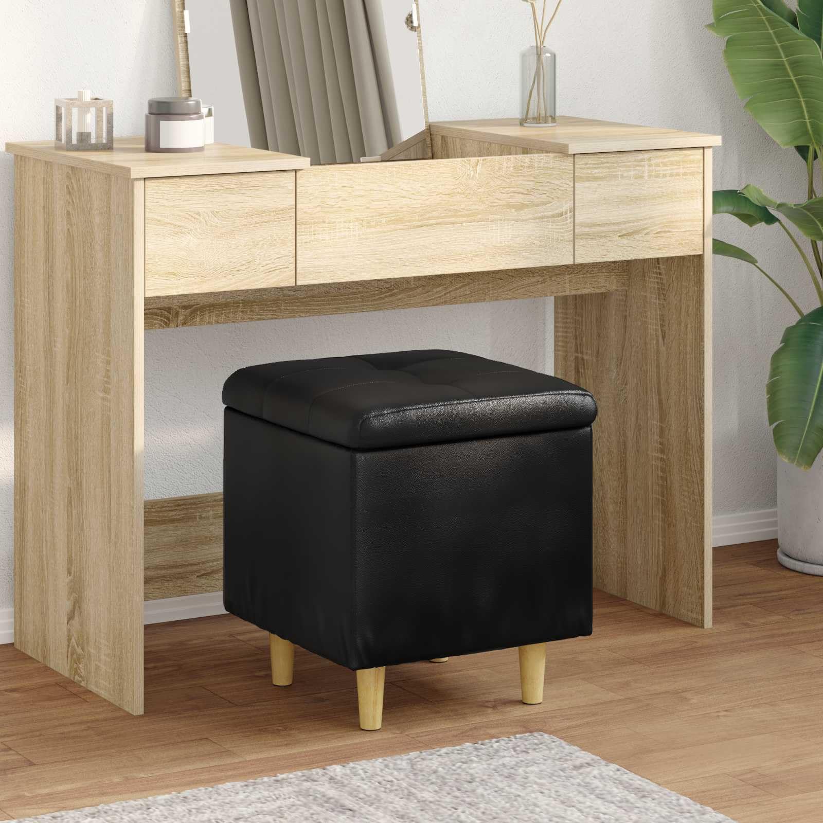 Sottomano nero, 40 x 40 x 45 cm, in ecopelle, con vano portaoggetti, imbottito, gambe stabili, versatile, per soggiorno, cucina, salotto, feste, gastronomia, salvaspazio