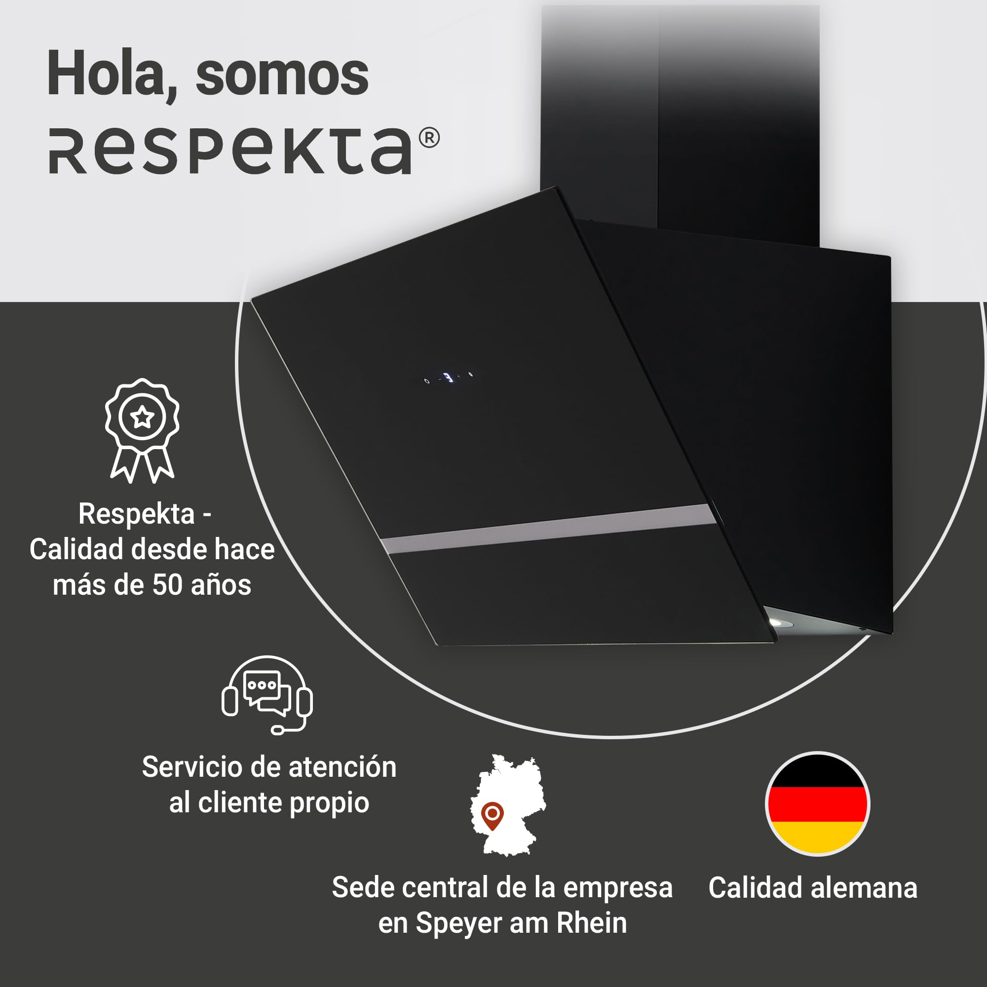 Respekta Campana extractora/caperuza inclinada de 80 cm/carcasa metálica/con pantalla de vidrio en negro/función de extracción y recirculación de aire / CH24080SM / A / 65-70 dB