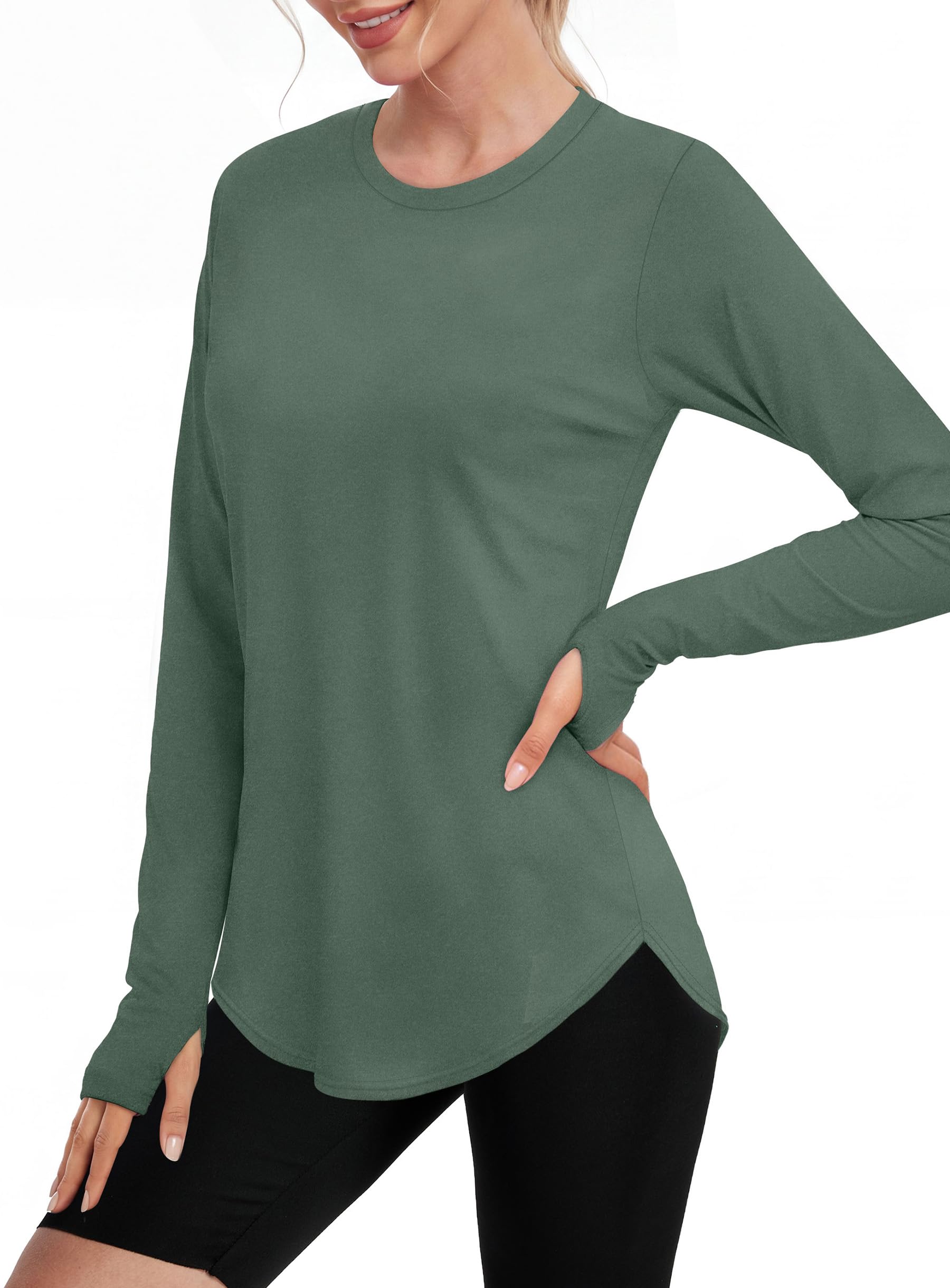 NIASHOT Workout Tops for Women Crewneck Long Sleeve Shirts with Thumb Holes UPF 50+ Sun Shirts for Hiking Running Gym Clothes - 2