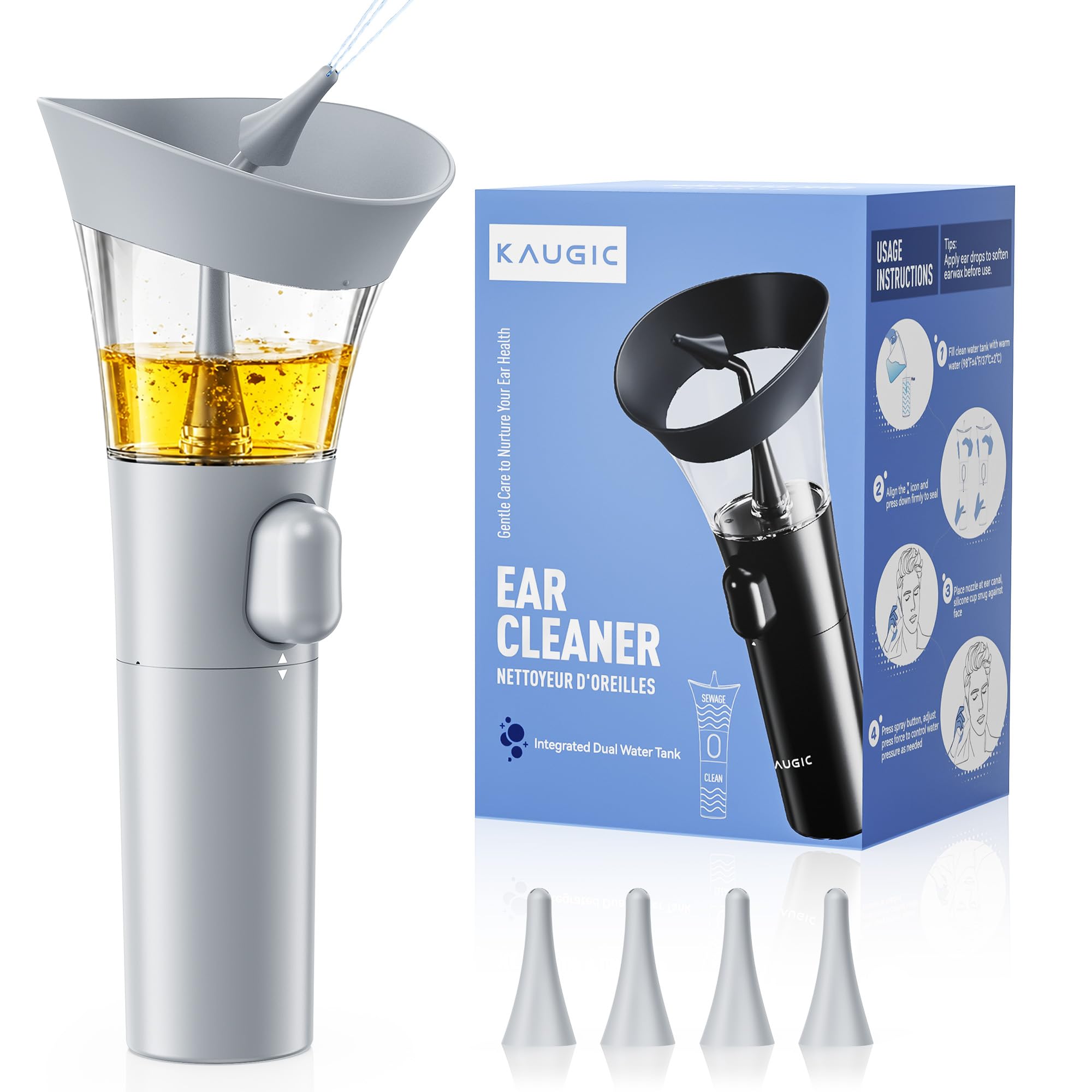�️KAUGIC Ear Cleaner. Manual Wax Removal Kit, One-Hand Flushing, Gray
