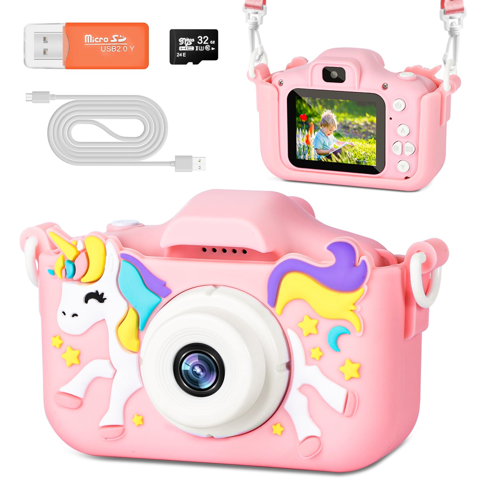Macchina Fotografica Bambini, 2.0 Pollici Schermo Fotocamera Bambini, 1080P Ricaricabile Fotocamera Digitale con Scheda 32GB, Regali Giocattolo di Natale & Compleanno per Ragazze Ragazzi