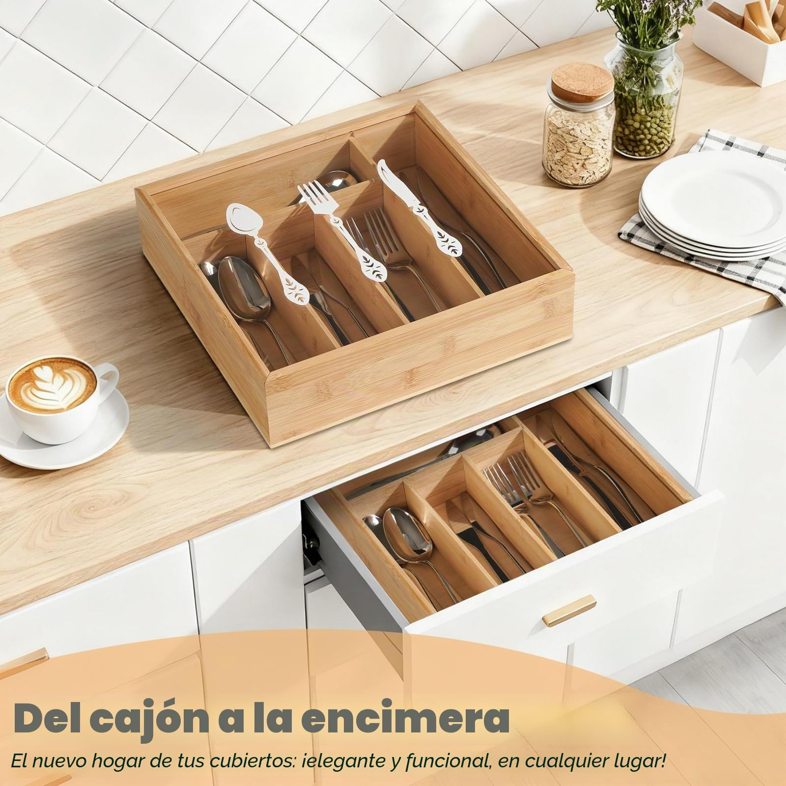 Cubertería de madera con tapa, 5 compartimentos, caja de almacenamiento, 30 x 30 x 8 cm, organizador de cubiertos para mesa y cajón, soporte para cubiertos con diseño decorativo