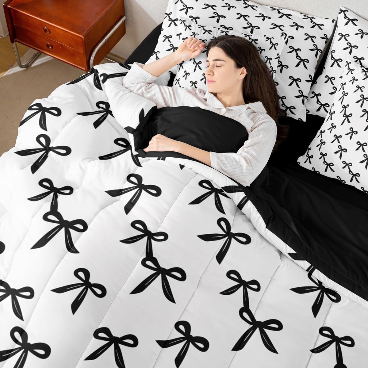 Erosebridal Black Bow Knot Comforter Set for Kids Girls Bowtie Preppy Princess Bed in A Bag Full Size 7 Pieces Coquette Bowknot Bed Set Room Decor Fantasy Bedding