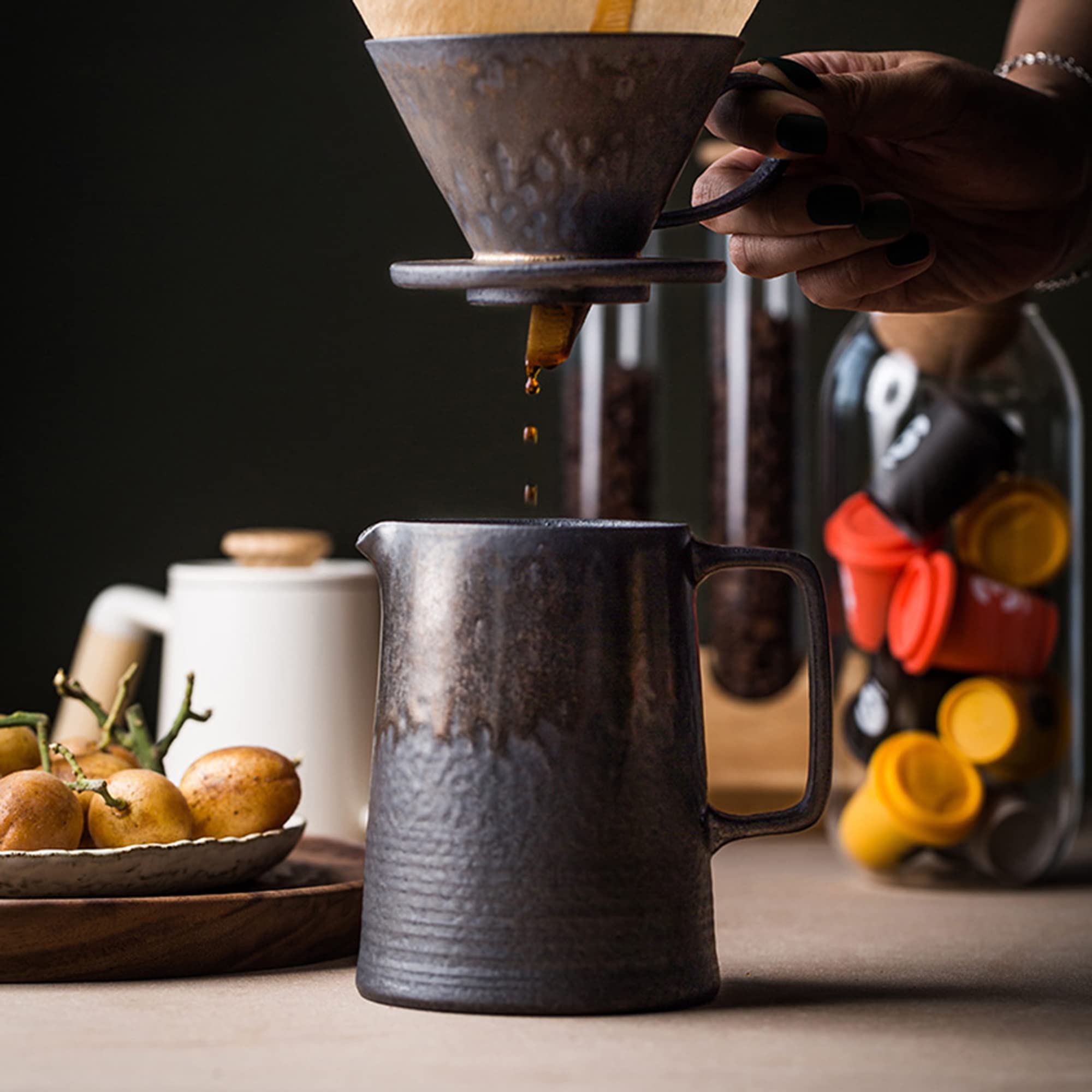 Ceramic Pour Over Coffee Maker Set – 15oz V-Shape Dripper & Carafe With Annular Texture, Handmade & Lead-Free