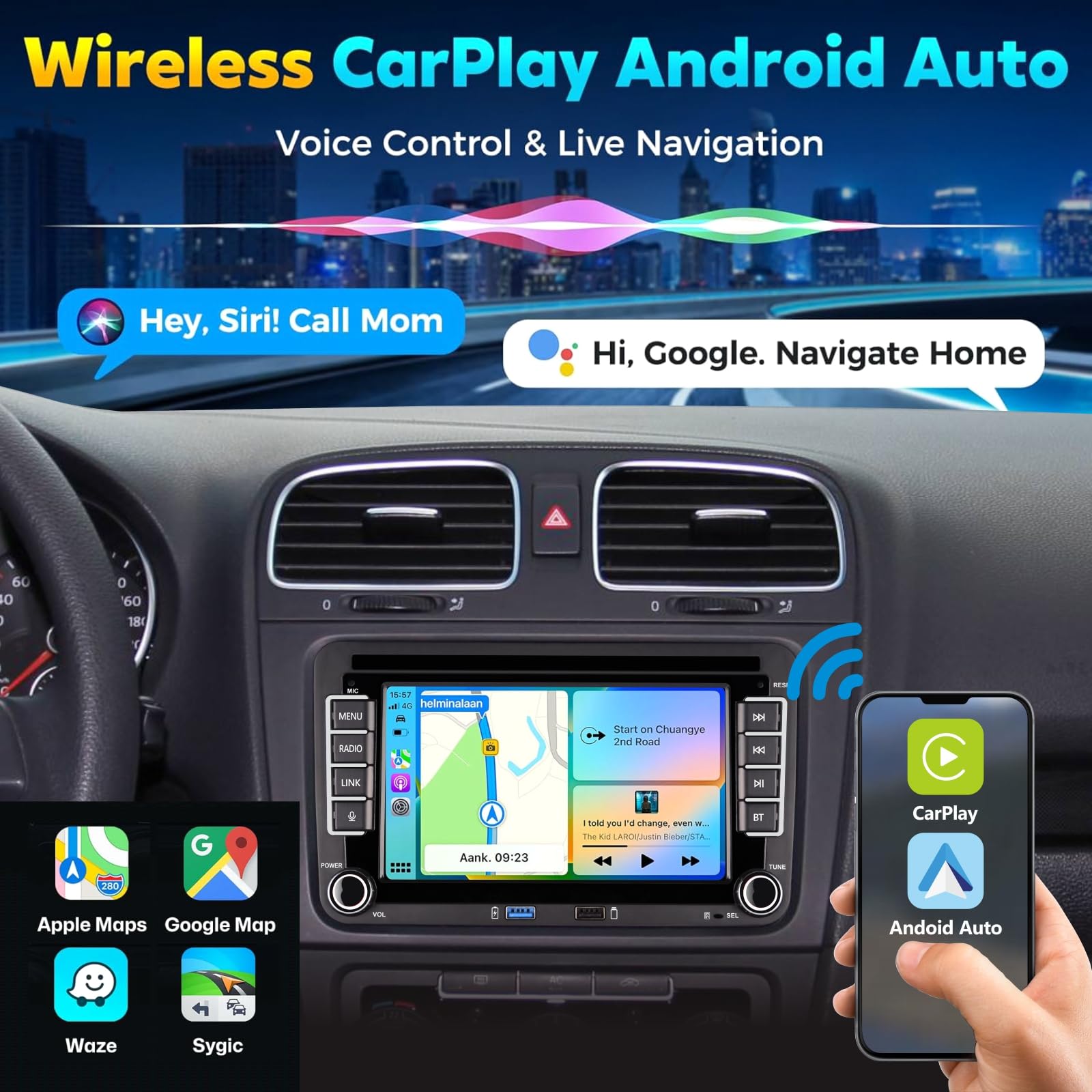 Linux Autoradio per Golf 5 6 Passat Jetta Caddy Polo cc Tiguan EOS Touran T5 Scirocco Wireless Carplay & Android Auto, con display IPS da 7 inch Bluetooth/FM/AM/USB/EQ/Touch