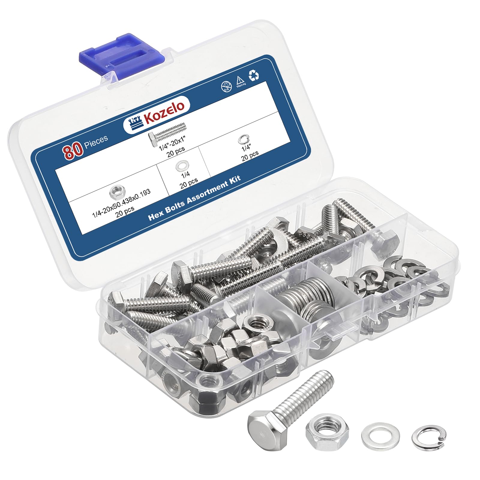 Kozelo 80 Pcs Bolts and Nuts Washers Kit - [1/4"-20x1"] 304 Stainless Steel Hex Tap Bolt Assortment Fully Threaded Hexagon Head Machine Bolts Right Hand External Hex Drive, Silver Tone