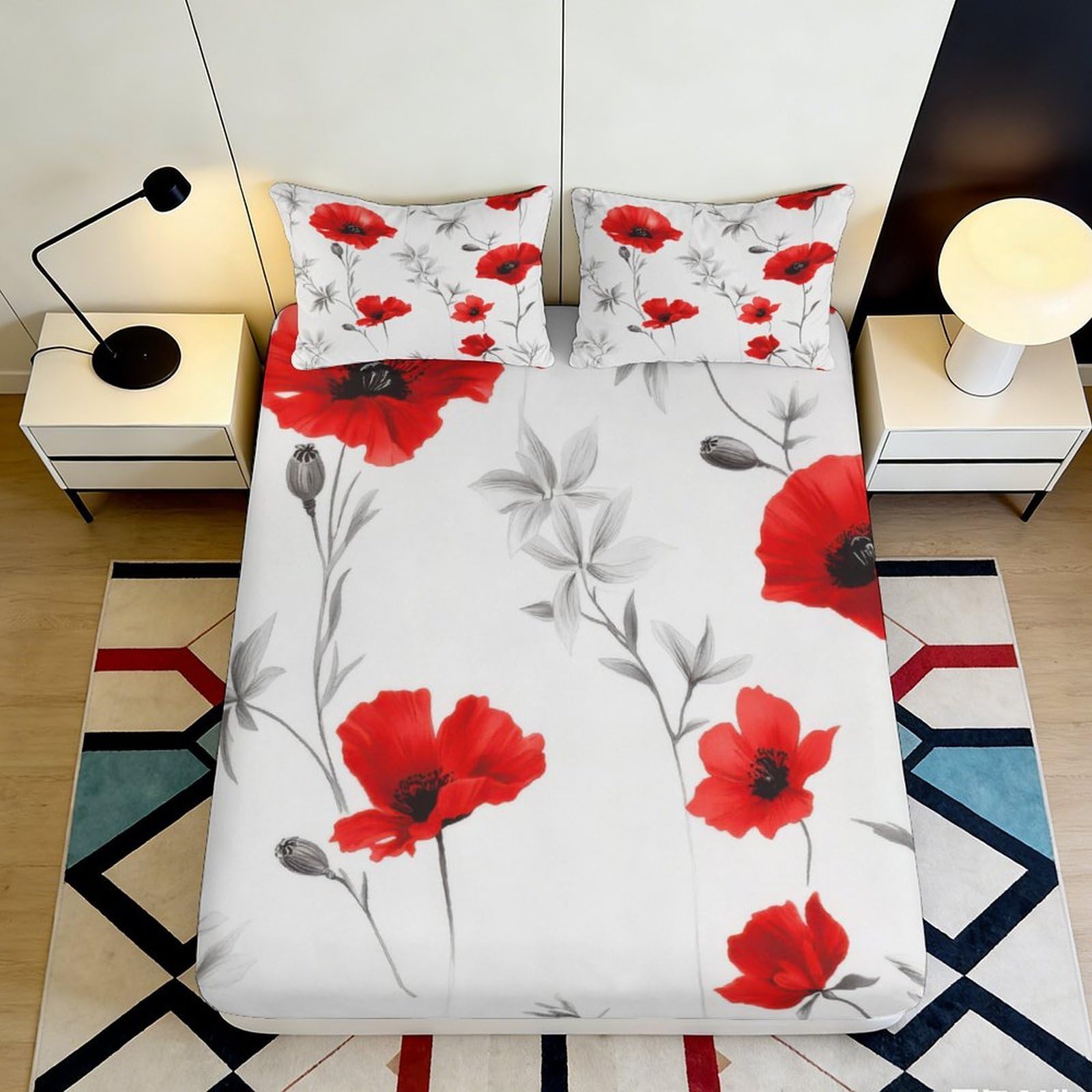 3D Printed Red Poppy Fitted Sheet Microfiber Soft Breathable Floral Bed Cover for Bedroom Dormitory Guest Room Mattress Protection Decor 120x200x25cm