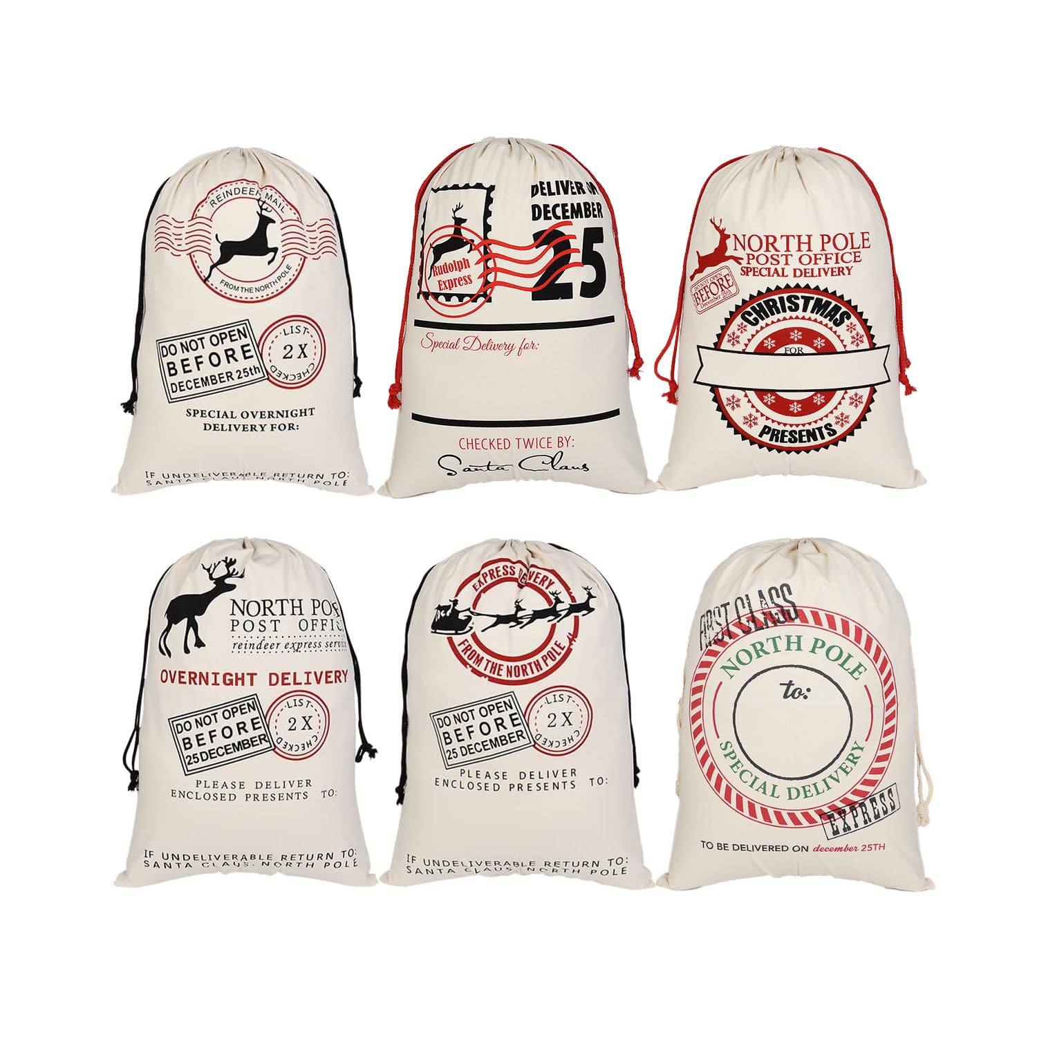 Inspireyee6 Pack Large Christmas Bag Santa Sacks Xmas Canvas Cotton Xmas Sack Stocking with Drawstrings (Pattern 9, 19.5 X 27.5)