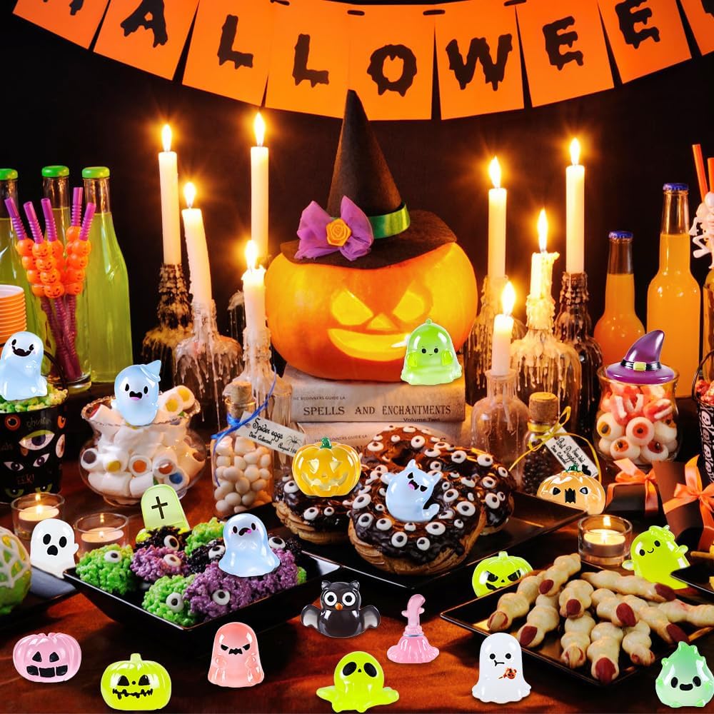 XIMISHOP 32PCS Mini Halloween Resin Luminous Ornaments,32 Styles Little Tiny Halloween Resin Pumpkins Ghost Miniature Small Halloween Plastic Figures Glow in The Dark for DIY Landscape Desk Decor - Image 2