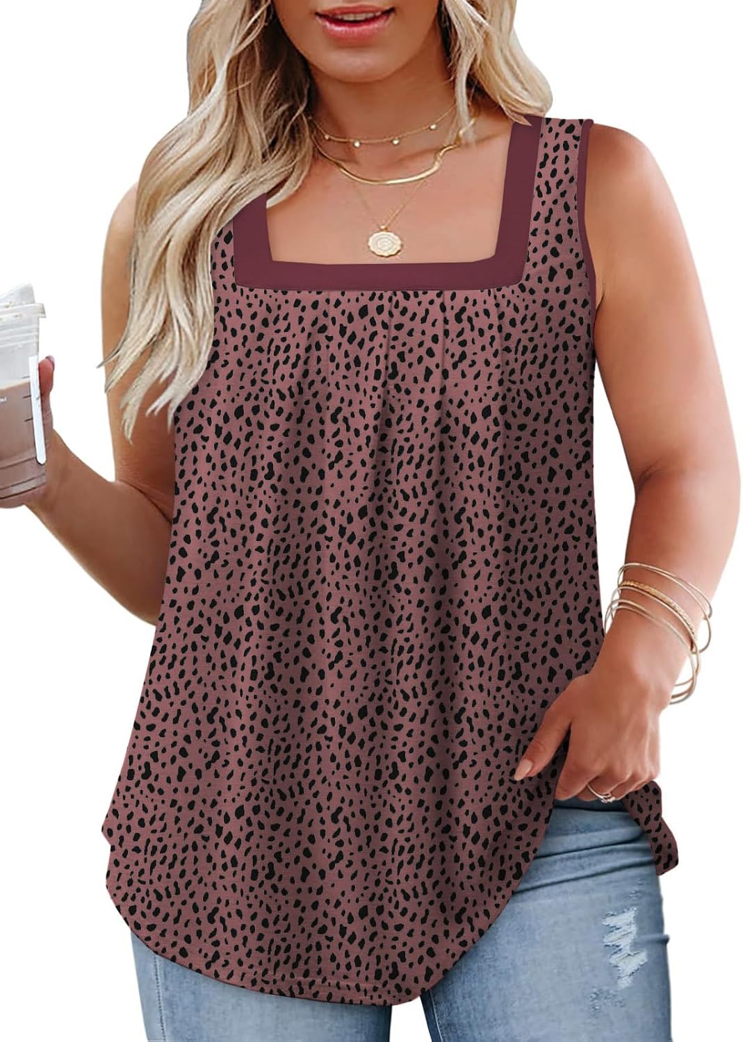 VISLILY Plus-Size-Tank-Tops for Women Summer Trendy Pleated Square Neck Tunics Casual Leopard Printed Sleeveless Shirts