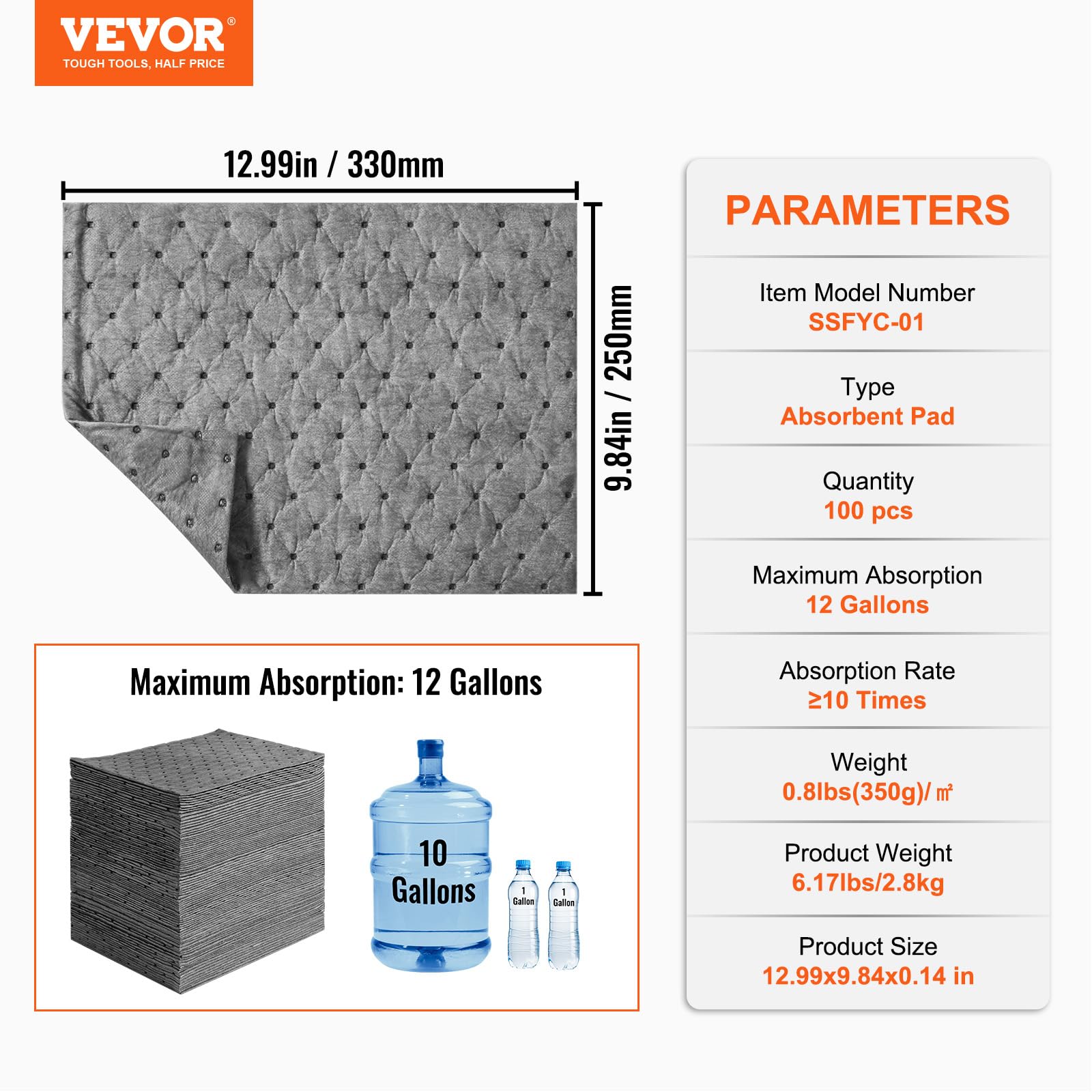 VEVOR Tapis Absorbant Liquide Universel 100 Pièces 250x330 mm, Tapis Absorbant l'Eau jusqu'à 11,4 L dans Une Boîte Distributrice, en Polypropylène, pour Déversements, Cuisine Animaux de Compagnie