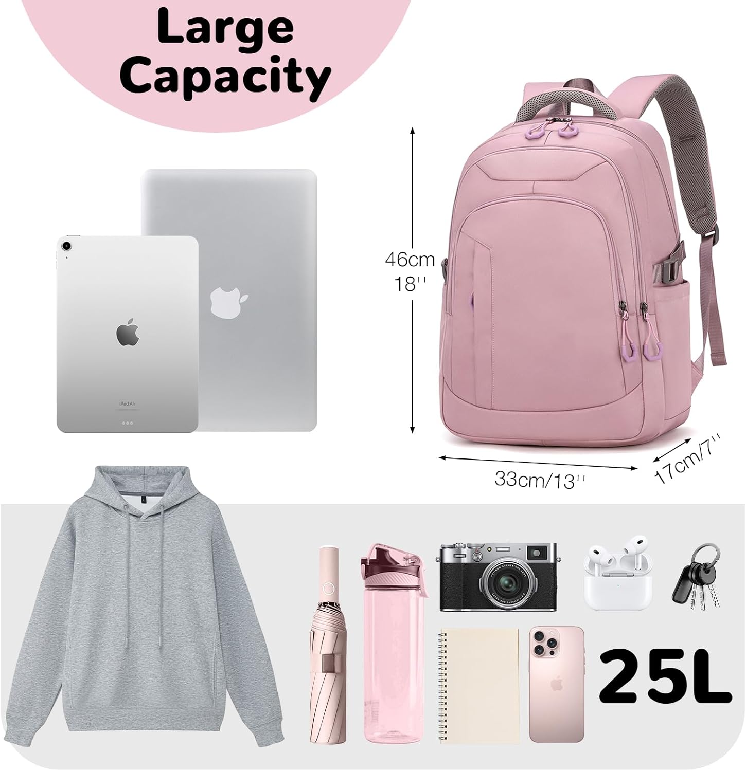 25L Travel Backpack with Luggage Strap for Women, Lightweight Carry on Backpacks Casual Daypack Airplane Friendly, Flight Approved Waterproof 15.6" Laptop Backpack, Light Pink