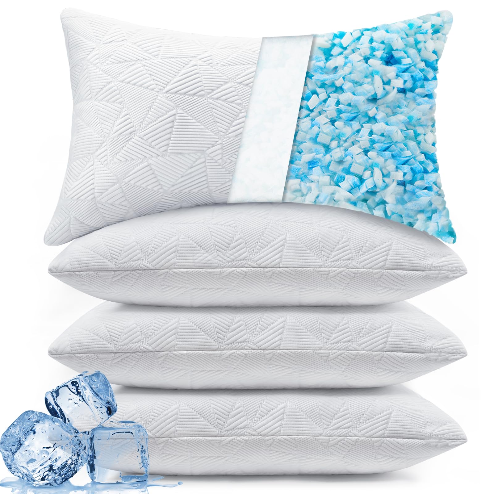 BETU Cooling Pillows Queen Size Set of 4,Shredded Memory Foam Bed Pillows for Sleeping,Adjustable Firm Cool Pillow for Neck Pain and Side SleeperWhite
