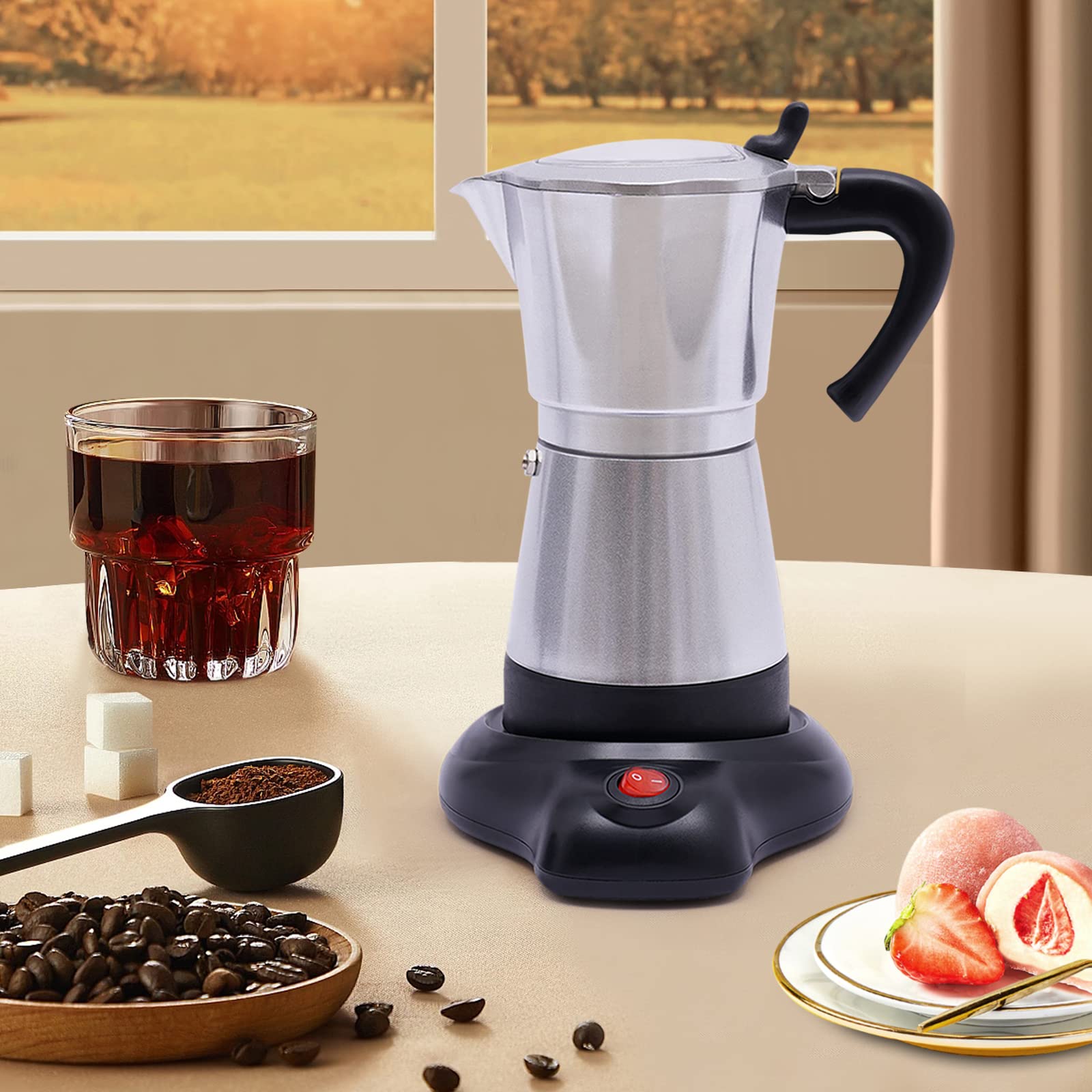 MINRS Máquina espresso, 6 tazas, mango con protección contra quemaduras, mokaka, cafetera eléctrica, camping, cafetera, válvula de seguridad, para amantes del café, plata