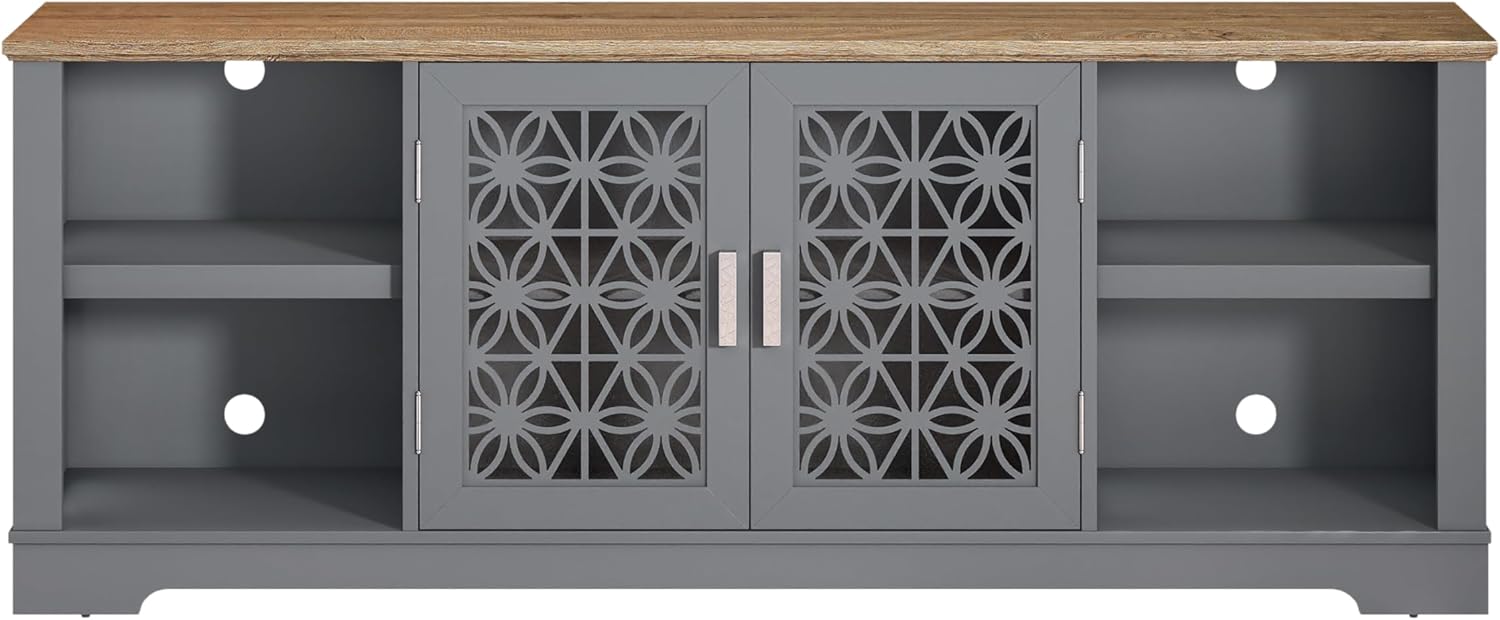 FESTIVITY 70 Inch TV Stand Entertainment Center with Front Glass Doors and Open Shelf for TVs up to 78", Farmhouse TV Console Table for Living Room & Bedroom (AshGrey)