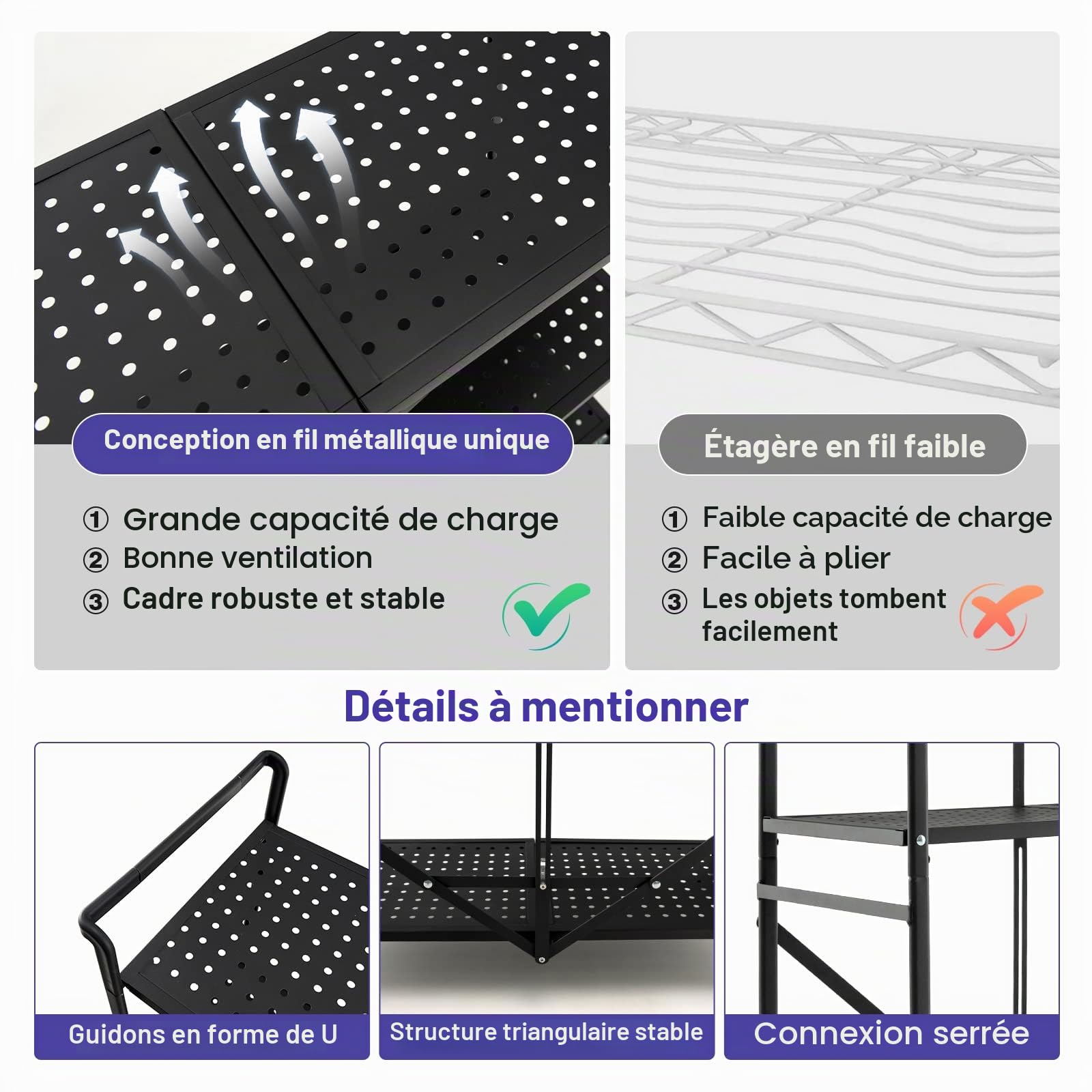 HOMASIS Chariot de service pliable à 3 niveaux, avec 4 roulettes avec 2 freins, chariot de rangement peu encombrant, étagère en métal, étagère de cuisine, chariot d'appoint pour cuisine, bureau, noir