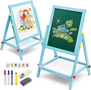 Wooden Kids Easel Double-Sided Whiteboard & Blackboard for Toddlers Height Adjustable Drawing Board Standing Art Easel for Kids with Storage Tray