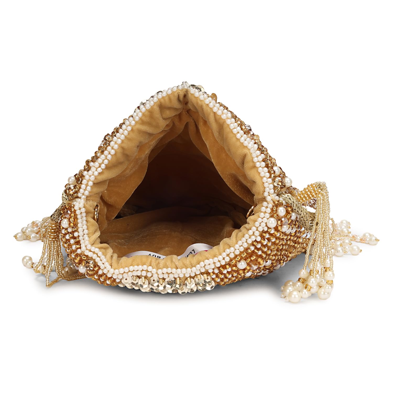 LONGING TO BUY Borsa Potli con perline dorate e sequenze con dettaglio di frange di perle, pochette con coulisse impreziosita per le donne