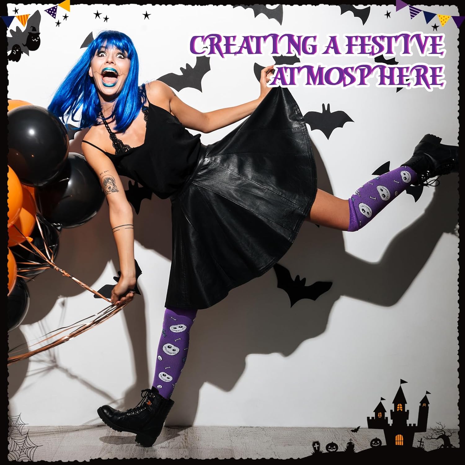 Cindeer 3 Pairs Skull Skeleton Knee High Socks Christmas Horror Socks for Women Men - Image 2