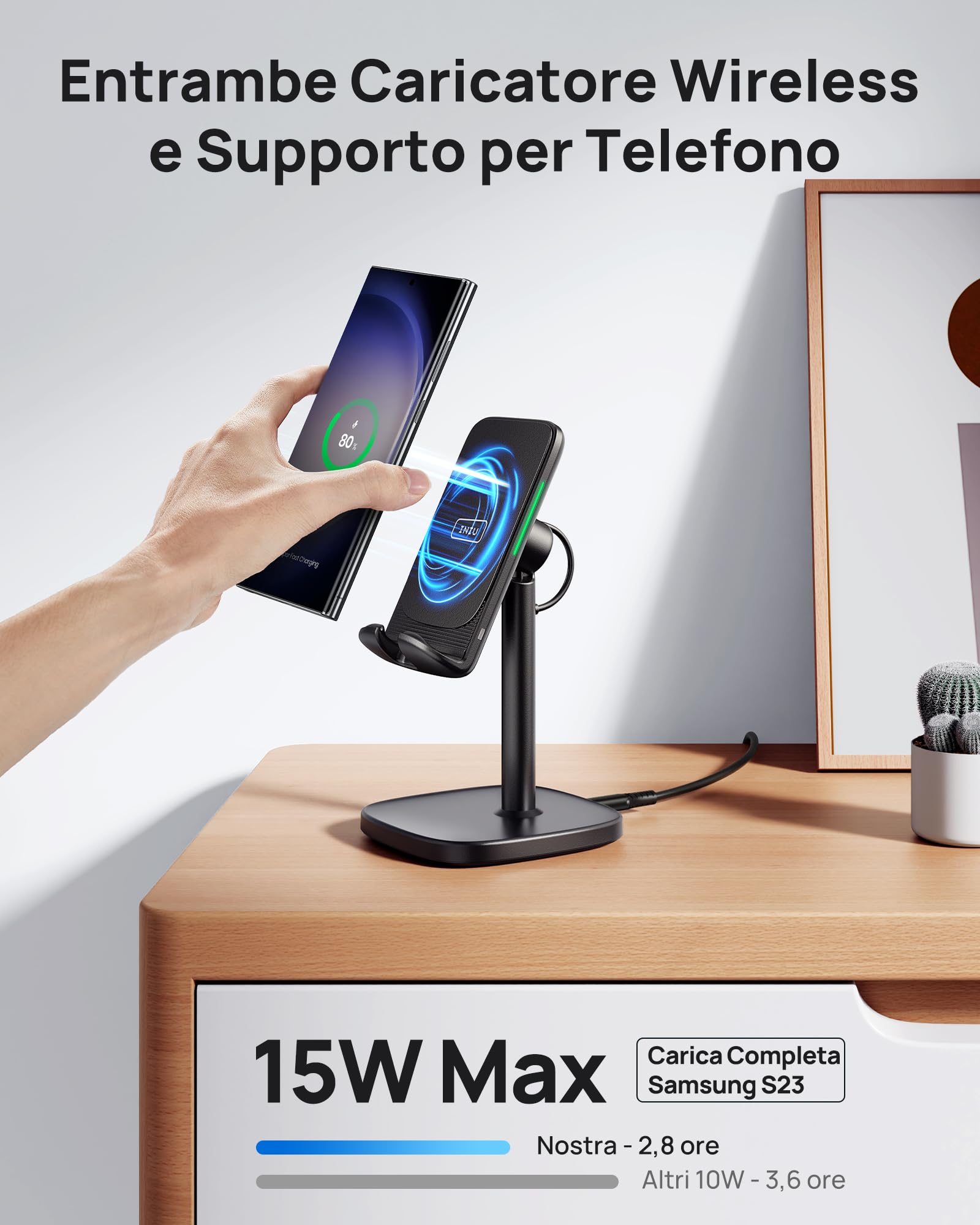 INIU Caricatore Wireless Phone Stand, 15W Certificato Qi Ricarica Rapida di Adujstable Wireless Charger Holder Indicatore Adattivo Supporto per iPhone 15 14 13 12 11 Samsung Galaxy Xiaomi Google LG