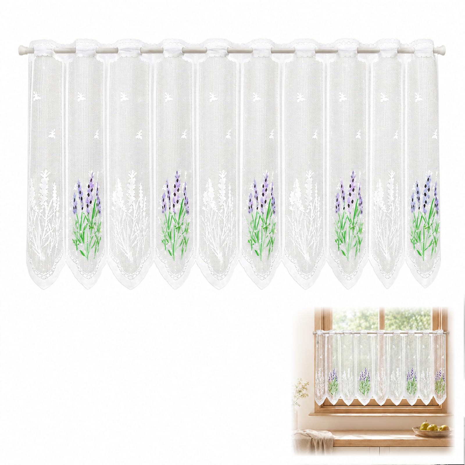 Solvind 153x48cm Lace Cafe Curtains, Lavender Pattern Short Kitchen Curtains, Sheer Rod Pocket Half Window Curtains for Bathroom, Cupboard, Basement & Basin Sink Areas