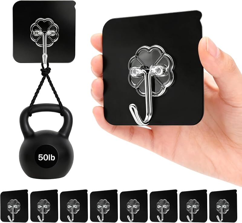 DDMY Ganchos adhesivos resistentes para colgar ganchos de pared negros de 50 lb (máx.) con adhesivo fuerte, gancho extraíble sin daños, impermeable y reutilizable para baño, cocina, ducha, decoración al aire libre, paquete de 8