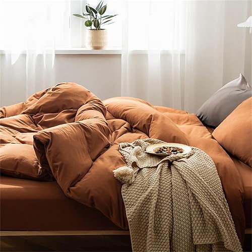 Miniatura 4 de YASMENG Juego de funda de edredón de 3 piezas, tamaño King, color naranja quemado, terracota, moderno, color marrón óxido, funda de edredón de
