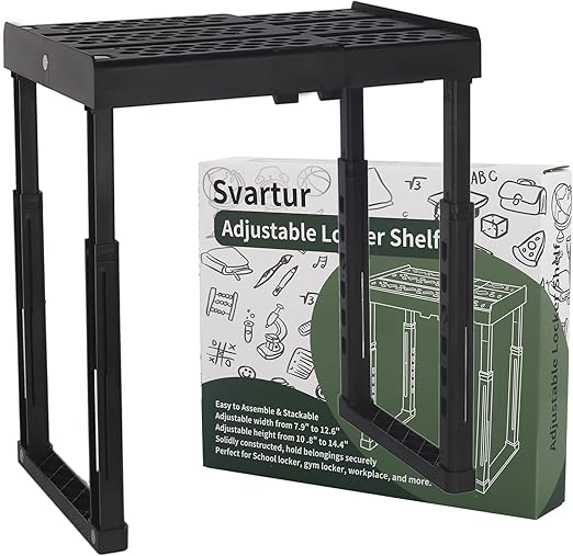 Locker Shelf for School Locker Adjustable Height and Width, Locker Organizer Shelf Stackable Locker Tools for Gym Lockers, Office, Back to School Essentials, Black