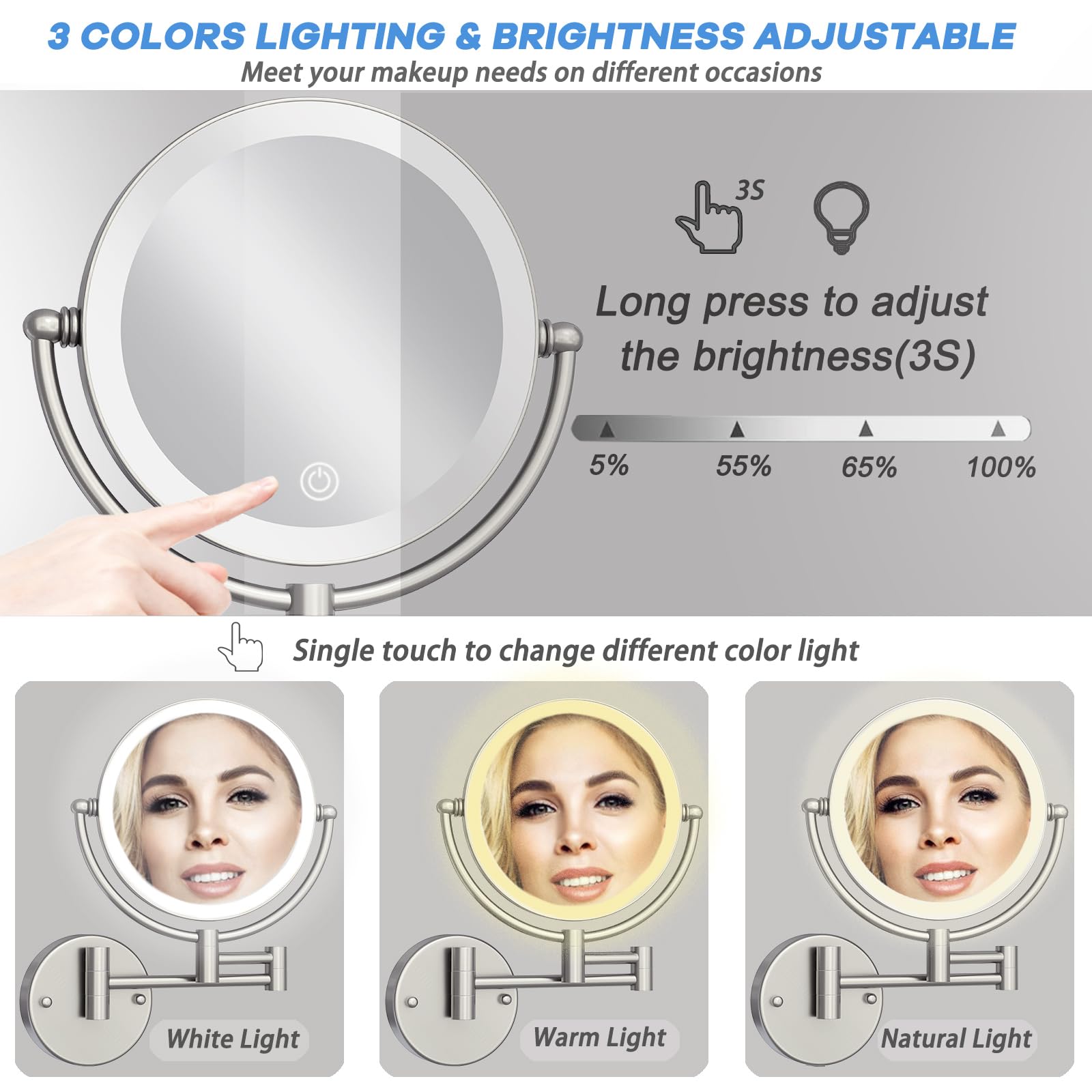 Espejo de maquillaje conectado fijo con luz, aumento de pared de doble cara espejo de baño de 20 cm 10 x aumento 3 colores iluminación espejo de afeitar