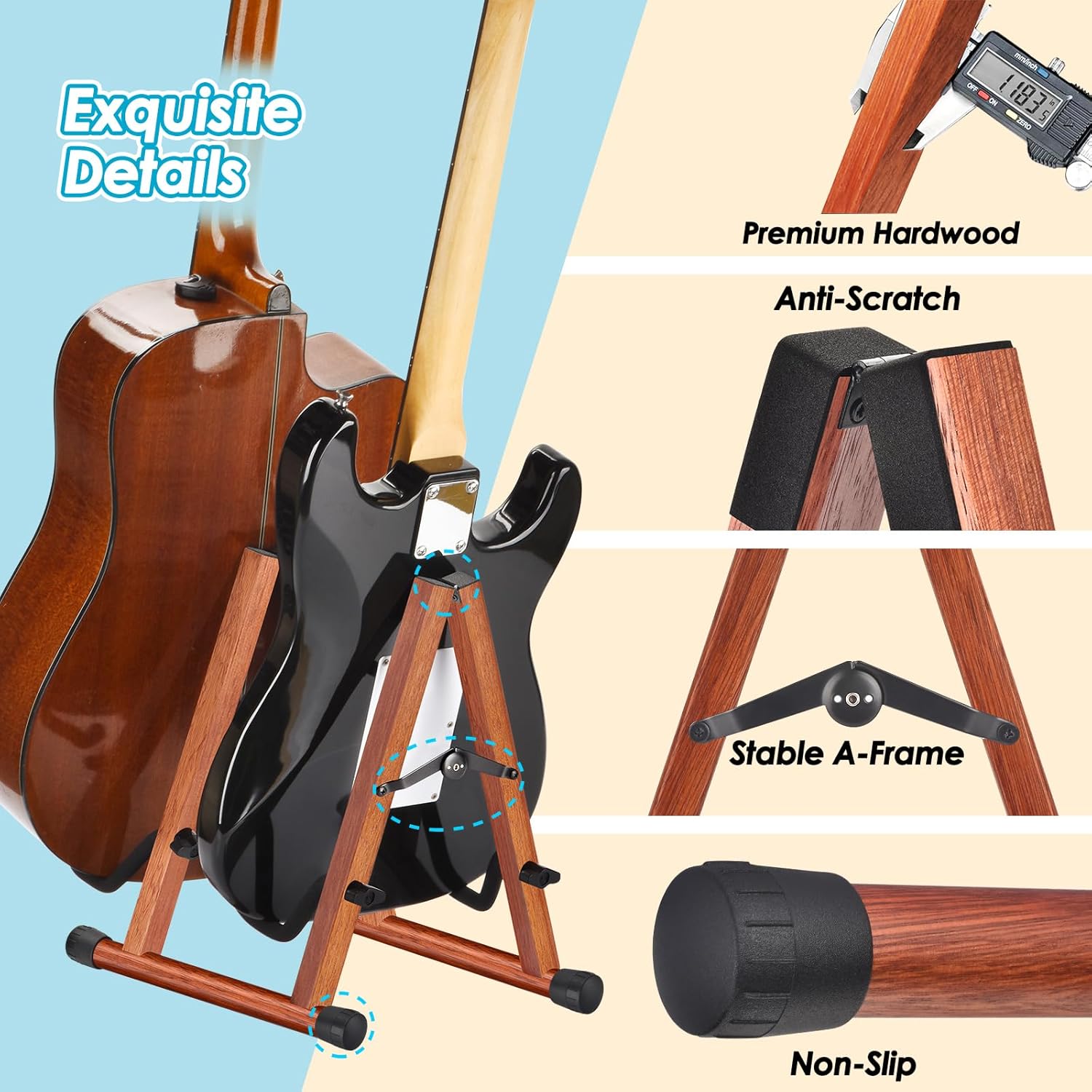 MOREYES Double Guitar Stand, Acoustic Guitar Stand for Multiple Guitars, Folding A-Frame Electric Guitar Stand, Wooden Guitar Stands Floor For School Music Program, Concerts, Easy to Assemble