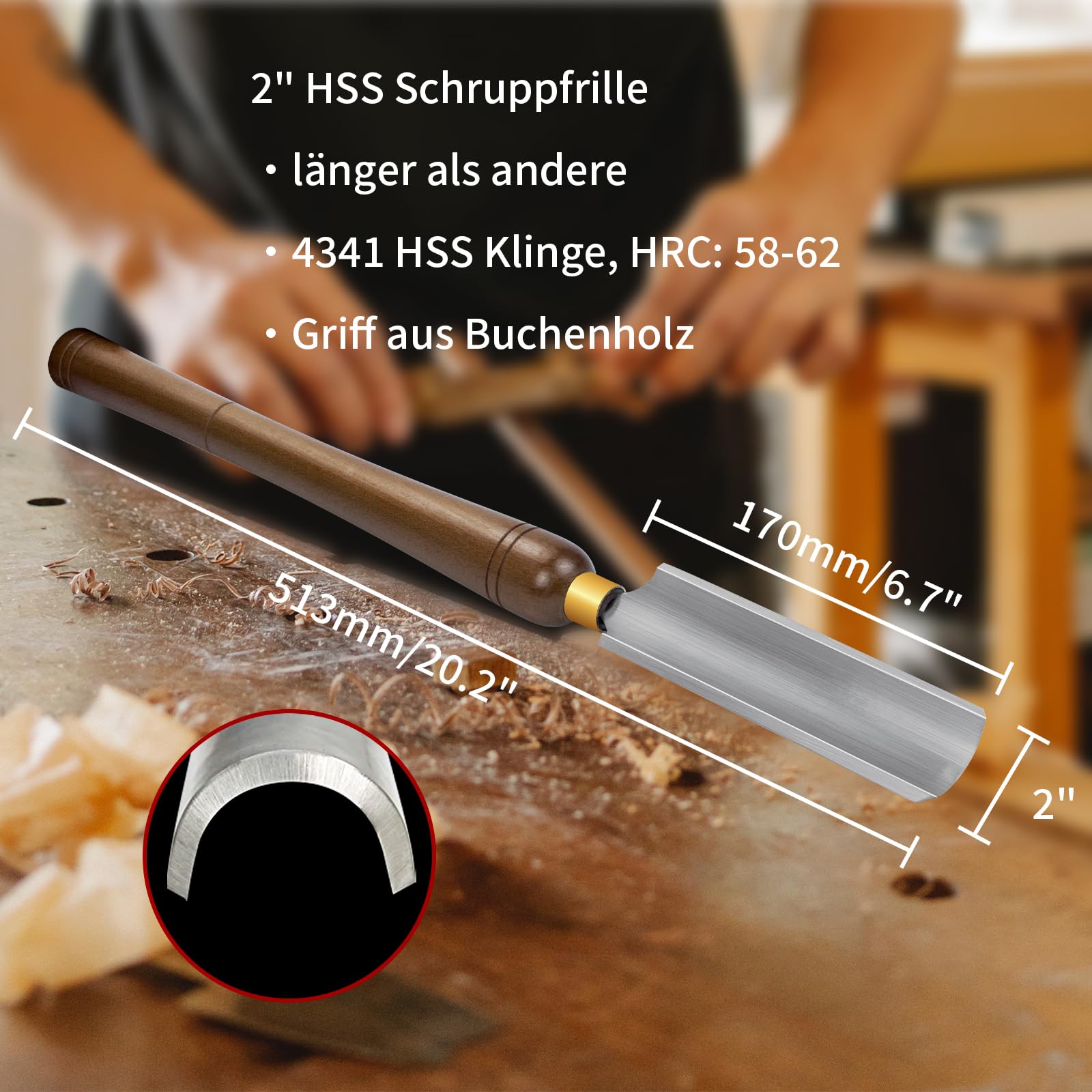 Drechseleisen Set, HSS Drechselmesser im Holzkoffer, Drechselwerkzeug für Holz, 2 Zoll HSS Spindel Schruppen Gouge