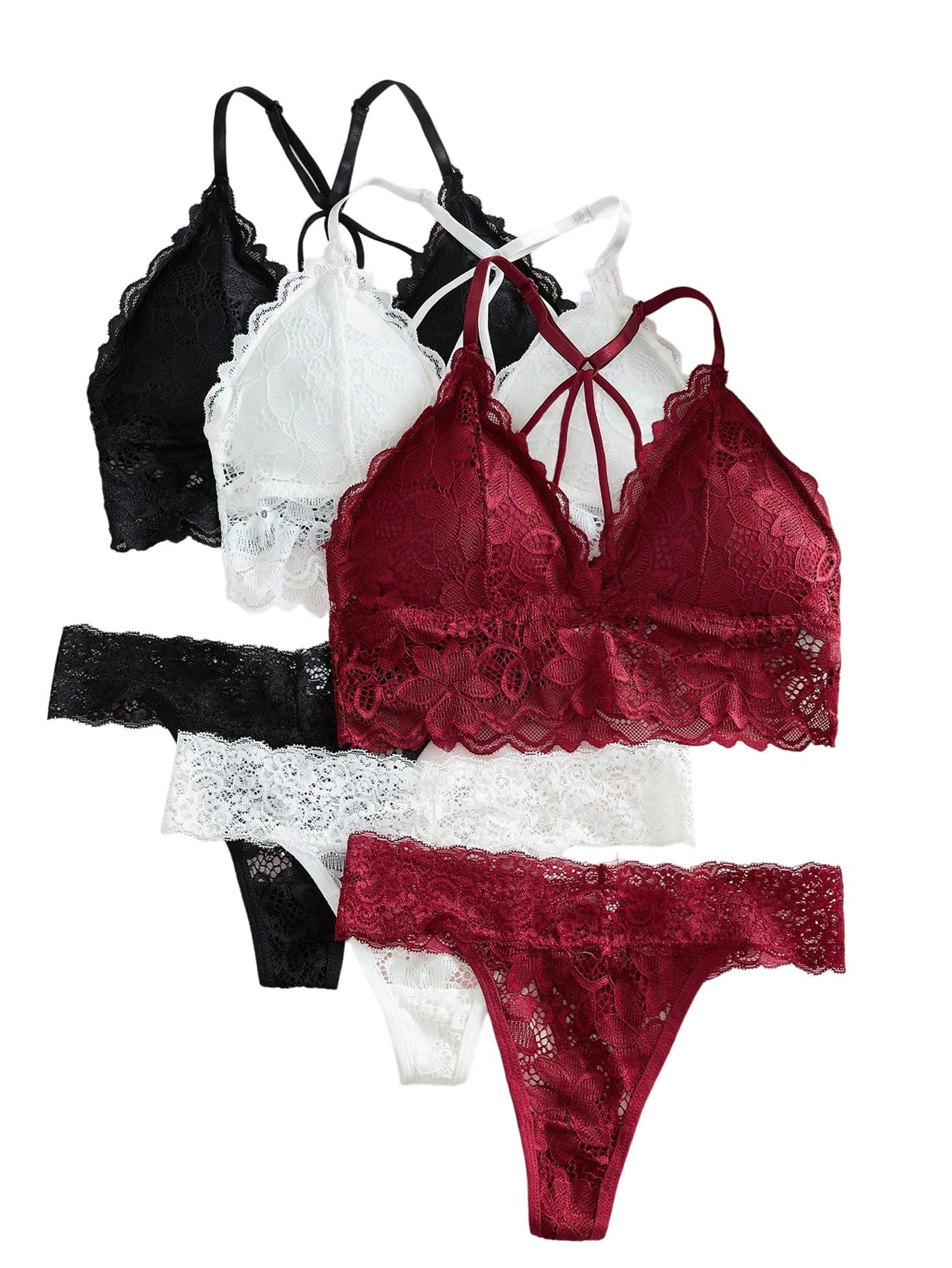 Verdusa Women's Lingerie Sets 6 Piece Lace Bow Floral Underwear Bras Wireless Padded Bra and Panty Set: Medium Burgundy