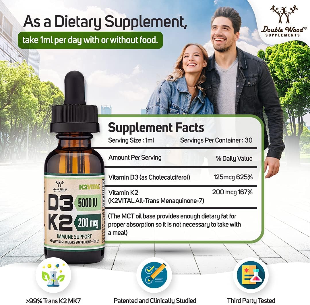 Vitamin D3 K2 5,000 IU Liquid Drops (5,000 IU of D3 and 200mcg of 99.9% All-Trans Patented K2 MK-7 (K2Vital)) Max Absorption Liquid Vitamin D Drops for Kids and Adults (30 Servings) by Double Wood