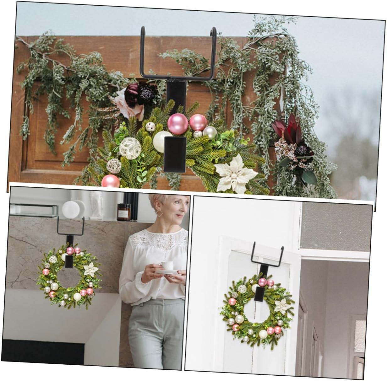 4pcs Black Cast Iron Door Wreath Hanger for Front Door Exterior Over-The-Door Double Hook Garland Holder Holiday Christmas Decoration Accessories