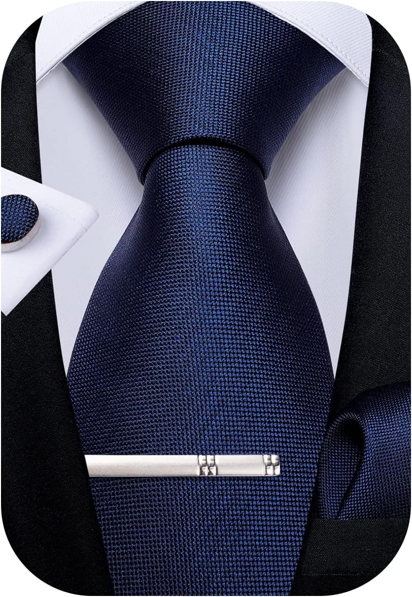 Mens Silk Necktie Solid Color Tie and Pocket Square Cufflink Tie Clip Set Woven Plain Ties for Men Wedding Party