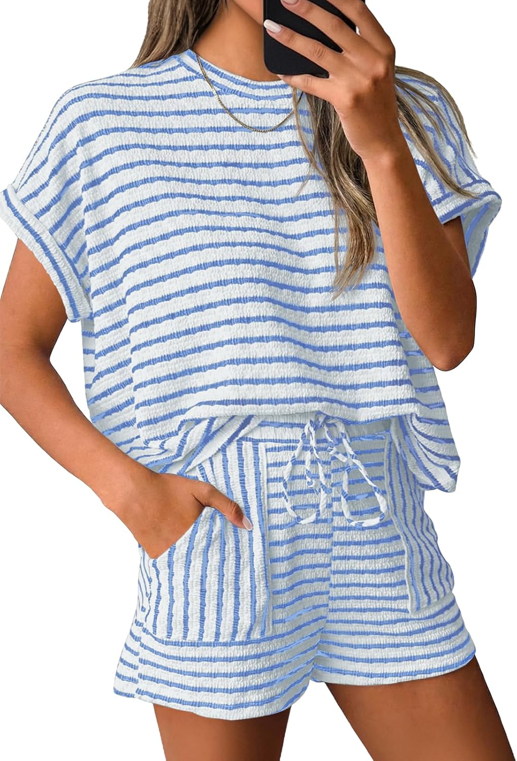 Tankaneo Womens Striped Summer 2 Piece Short Sets Short Sleeve T Shirts Drawstring Shorts Casual Outfits Lounge Pajama Sets