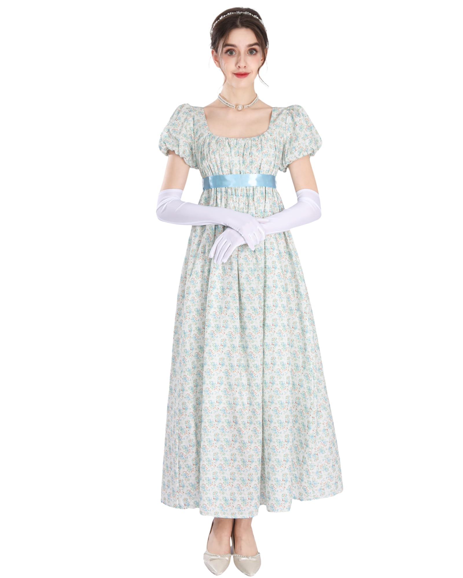 NSPSTT Regency Dress for Women - Floral Empire Waist Long Tea Party Dress with Gloves, Blue Floral, M, Blue 1023