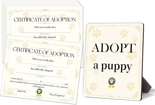 Pet Adoption Certificates, Adopt A Pet Certificate for Kids, Cat Dog Themed Adoption Cards, Animals Party Favors Supplies, 10 Cards with A Stand Adoption Sign, 08