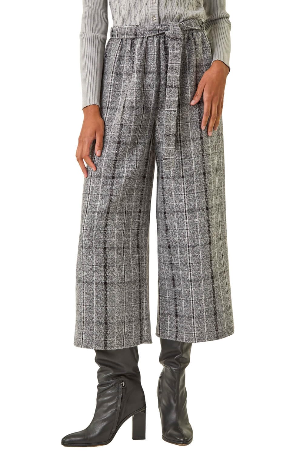 Roman Originals Women's Grey Check Culotte Trousers For Uk - Wide Leg Cropped Pants Tie Detail Bottoms Vintage Retro Smart Flared Slimming High Waist 1940S Party Regular