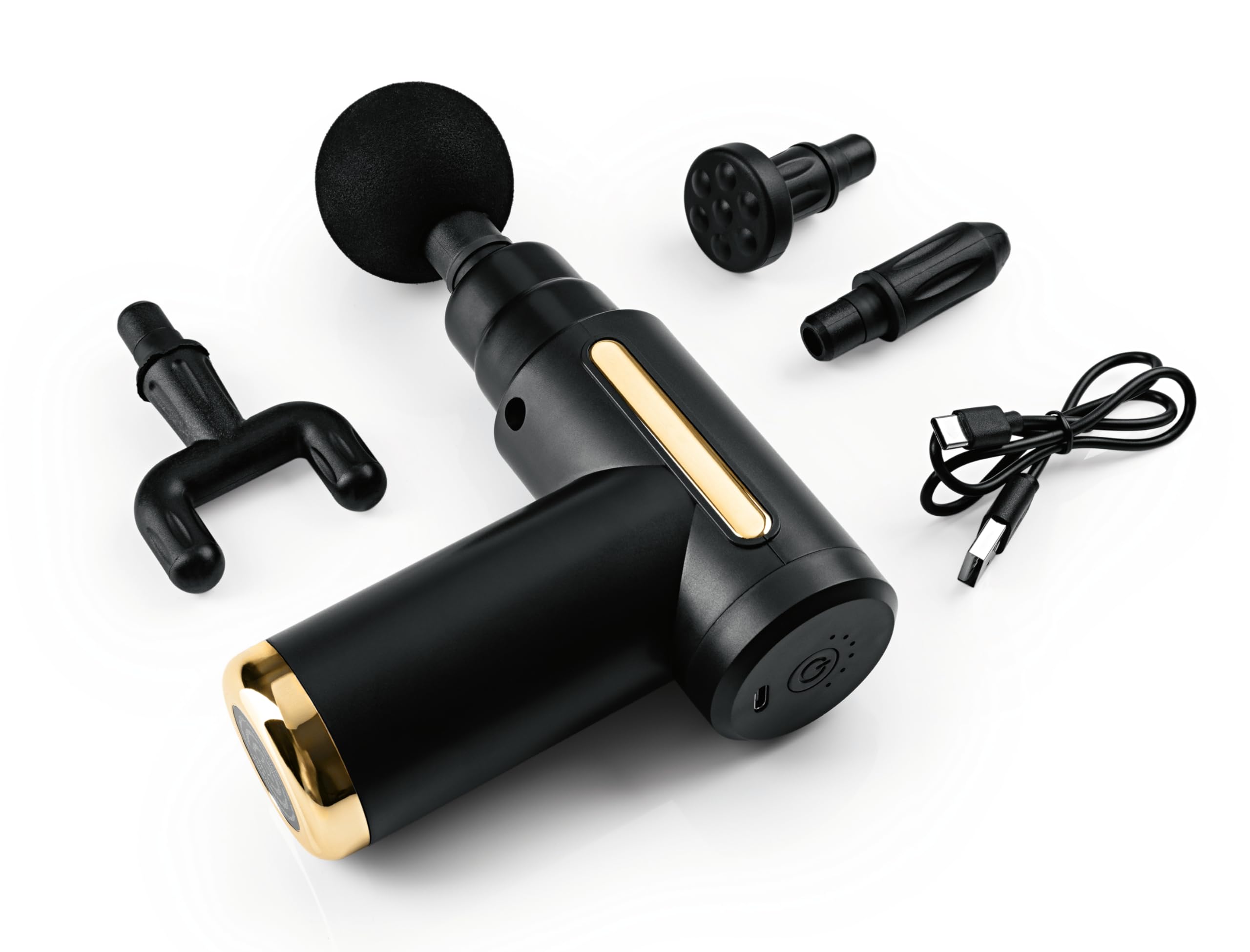 VITALmaxx Mini-Massagepistole mit 4 Ausätzen | Massage Gun mit 6 Leistungsstufen | Zur Muskelmassage & Lockerung von Verspannungen | Massagegerät für Zuhause & ideal für Unterwegs | Schwarz/Gold