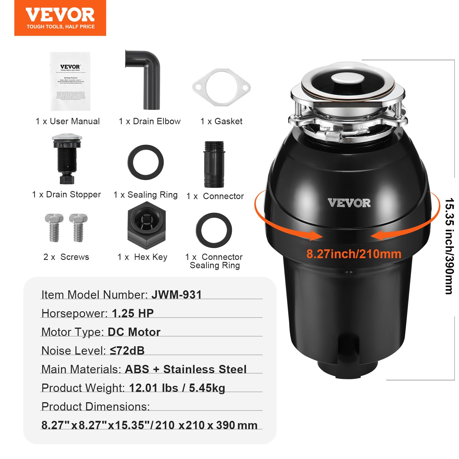 VEVOR Broyeur à Déchets d'Évier 1,25 CV 4060 tr/min Montage EZ