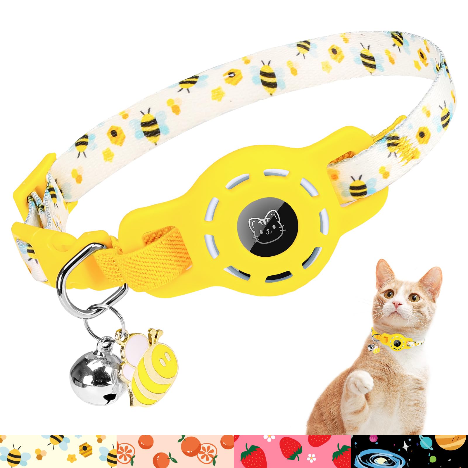 BINGPET AirTag Cat Collar with Bells, Upgraded Safety Elastic Cat Collar with Airtag Cat Collar Holder, Anti-Lost Cat Collars for Girl Boy Cats,