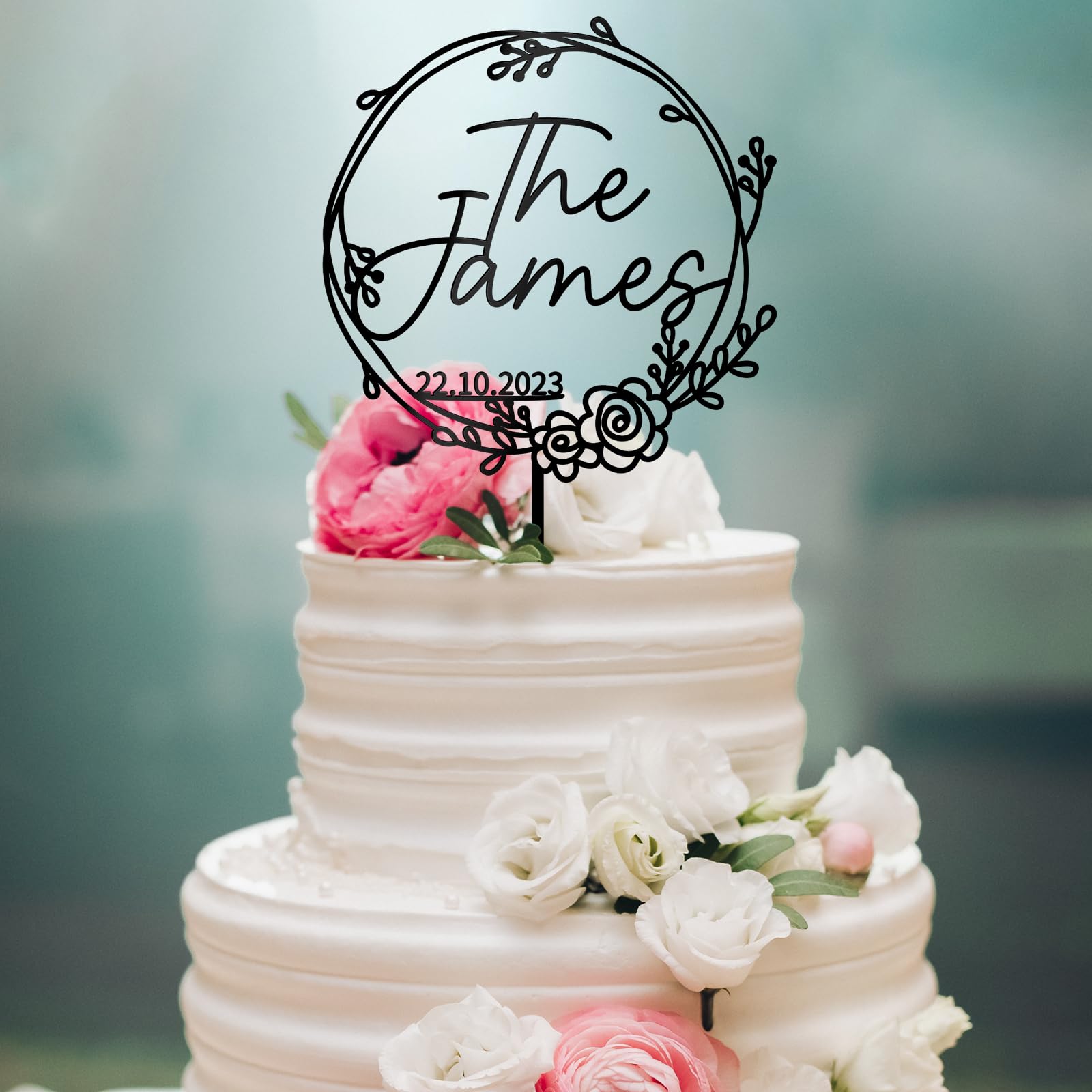 Cake Topper Grande Taille Cake Topper Mariage Personnalisé Acrylique Fleur 02 – Avec Prénoms & Date, Élégant Pour Anniversaire De Mariage Ou Gâteau De Fête