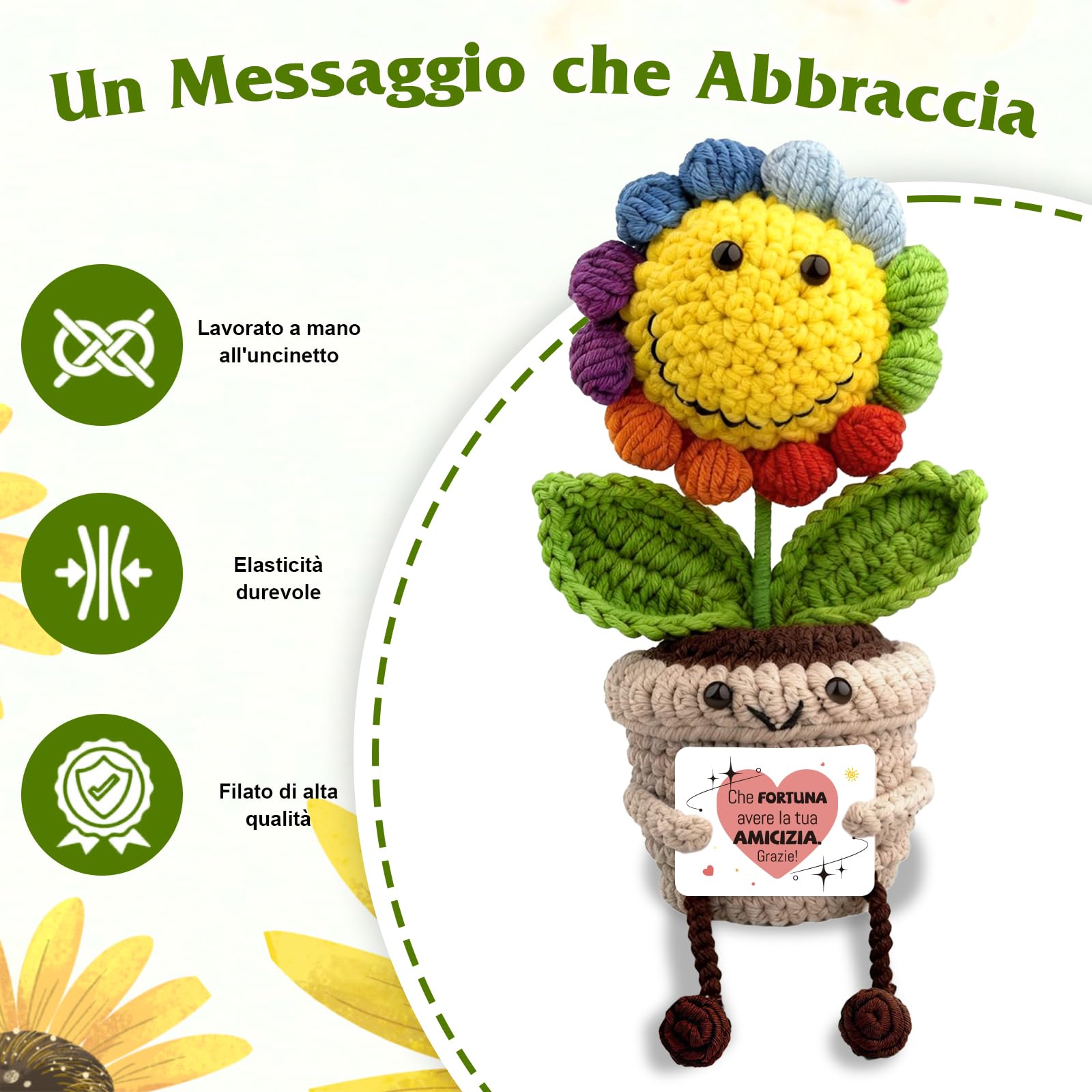 Regalo Girasole per Amici, Decorazioni da Scrivania per Casa e Ufficio, Pocket Hug Positive Fiori all'Uncinetto Regalo per Laurea Collega Sorella Amica Ufficio, Che Fortuna Averti - 3