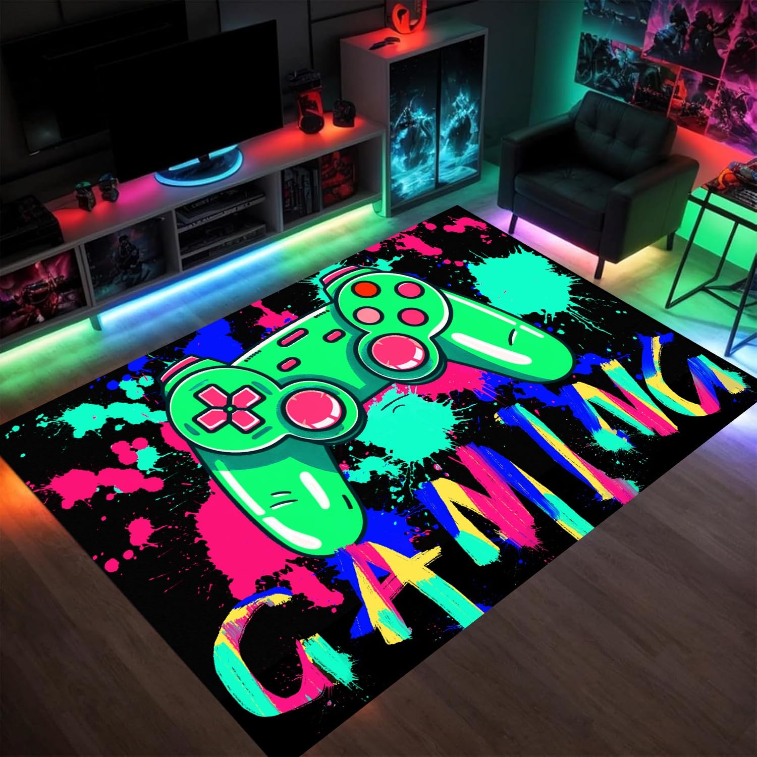 HONGXIU 120x180cm Gaming Rug Teen Boys Carpet Glow In The Blacklight Gamer Rug for Boys Room Playroom Non-Slip Area Rug Kids Boys Girls Game Room Casual Mat