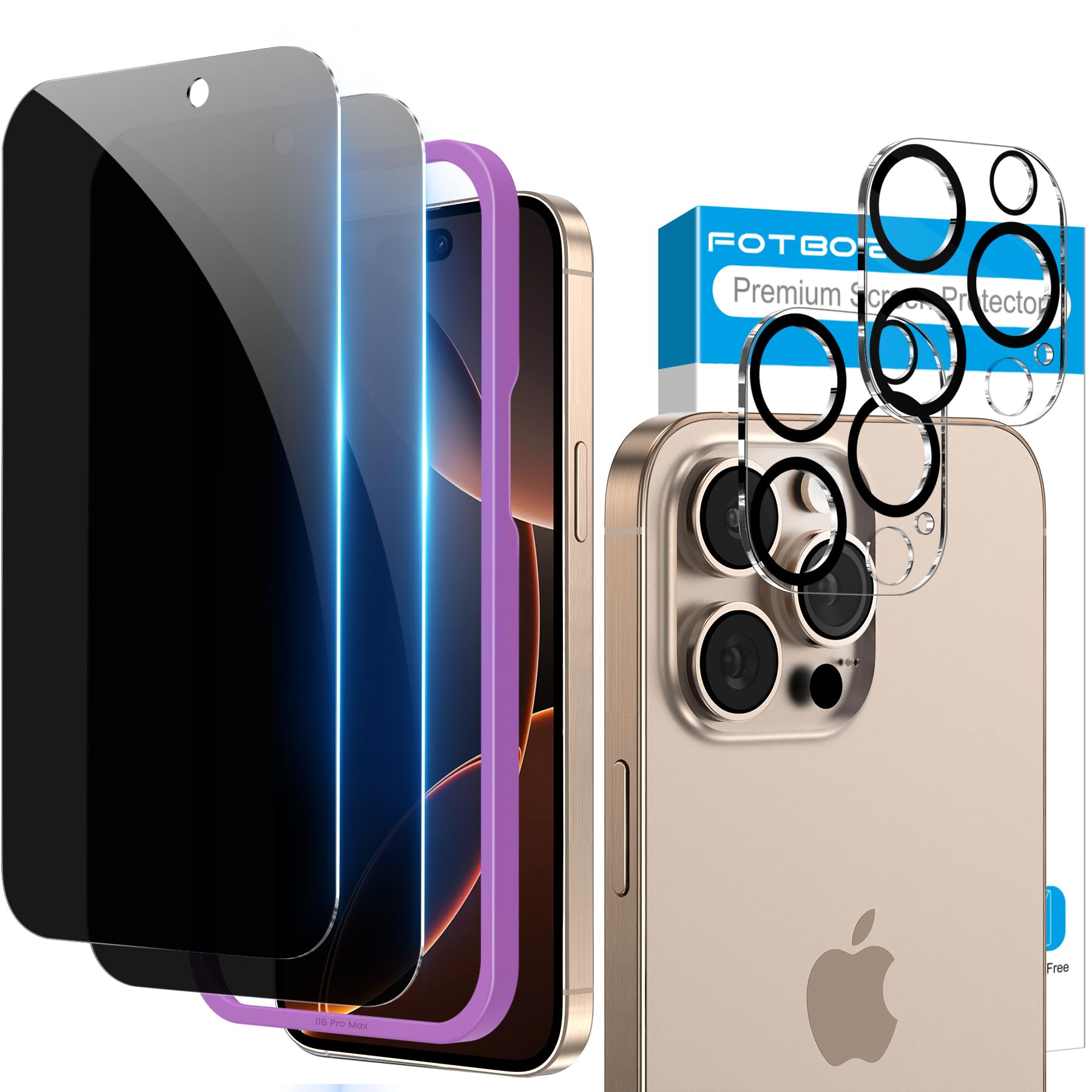 Fotbor for 2Pack iPhone 16 Pro Max Privacy Screen Protector with 2Pack Camera Lens Protector, Anti Spy 9H+ Tempered Glass with Easy Installation Kit, No Bubble