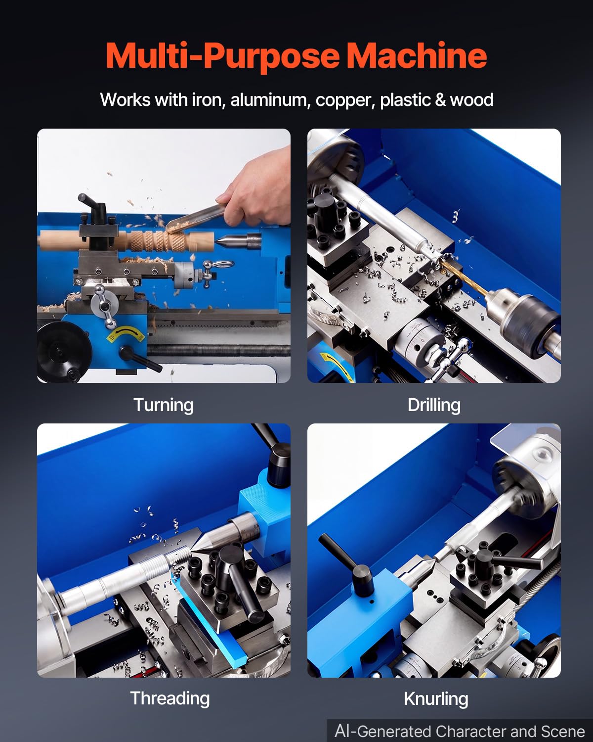 VEVOR Tornio da Banco per Metalli 180 x 305 mm Velocità 2500 giri/min 550W | Per 8 Filettature Metriche, Tornitura, Foratura, Zigrinatura, Ingranaggio in Nylon, Rotazione Reversibile, Corpo in Ghisa