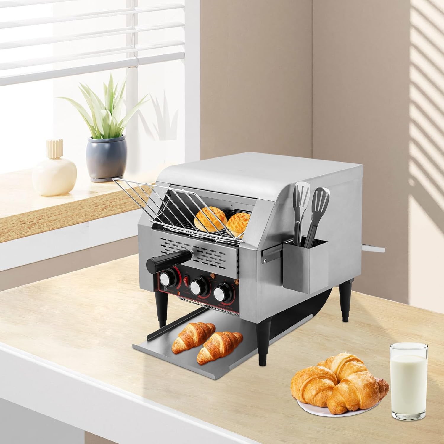 Commercial Conveyor Toaster, 1900W Heavy-duty Toasters with Multiple Heating Modes and 7 speeds, Toaster Ovens Countertop for Raditional White Slices, Wheat Bagel Halves (300 Slices/H)