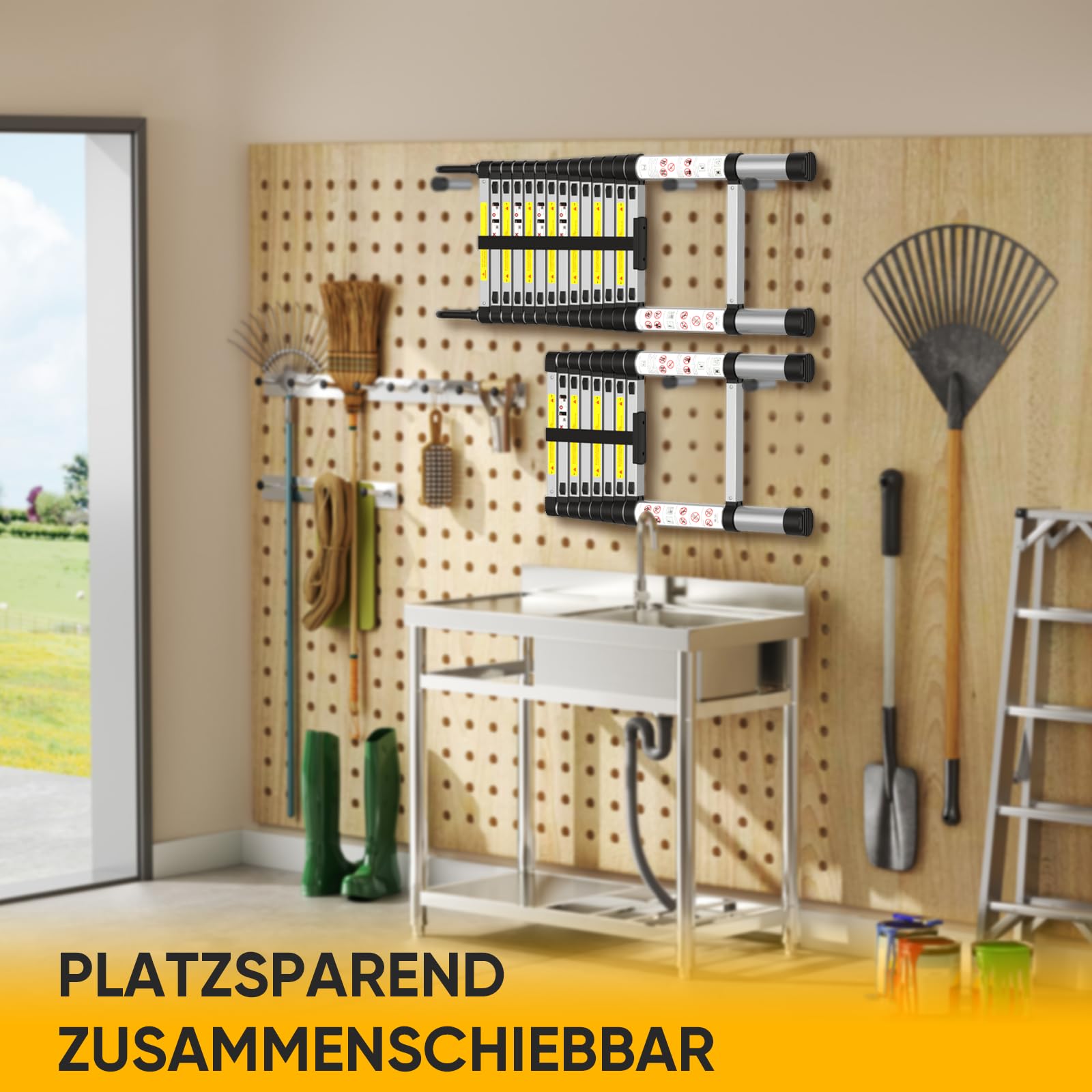 Teleskopleiter, Ausziehleiter mit 11 Sprossen, Max. Arbeitshöhe 3,95 m, Mit Klettverschluss, Leicht zu Verstauen & Transport, Klappbar, Platzsparend, Belastbar bis 150 kg (Leiterlänge 3,2 m)